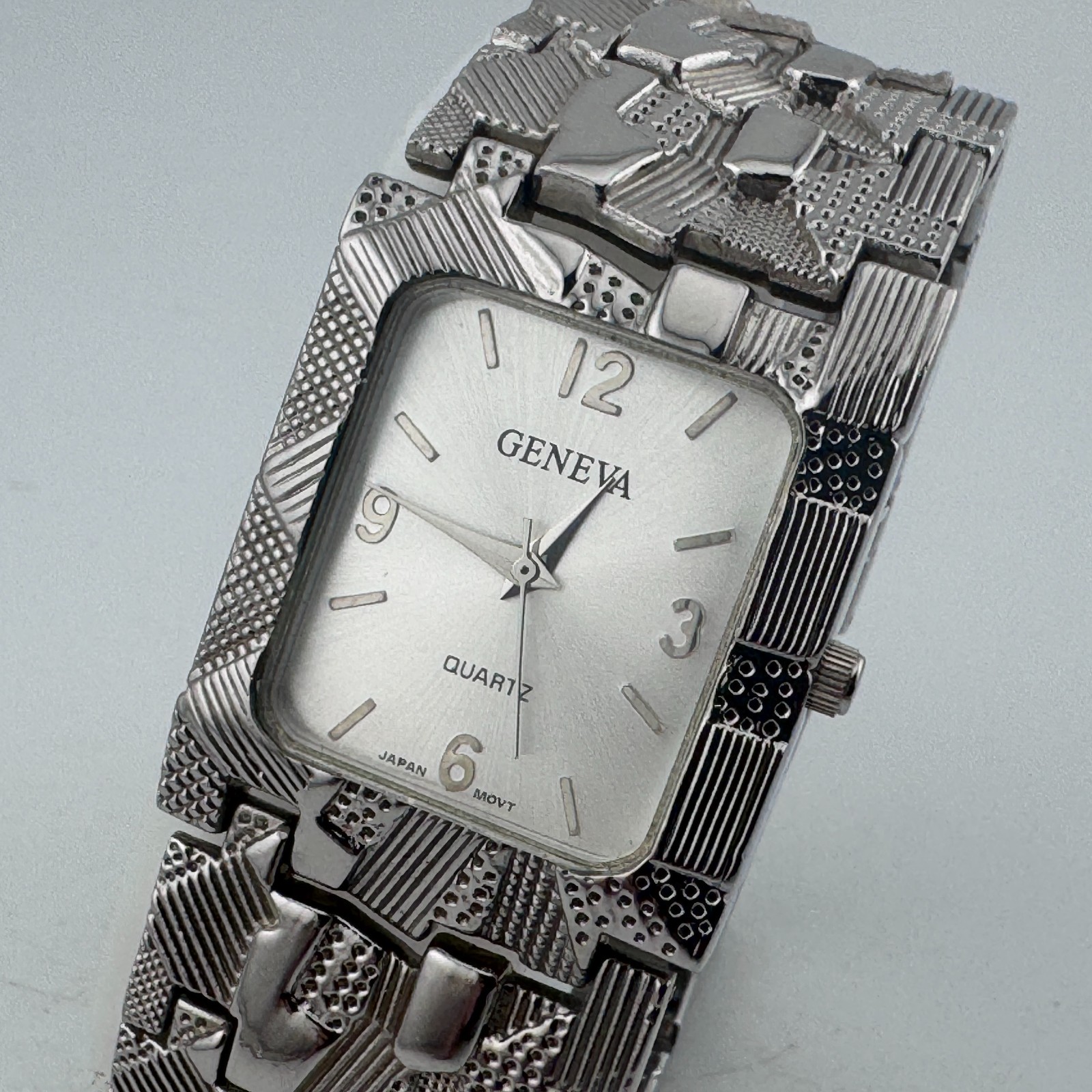 Vintage Geneva Quartz Watch Men Silver Nugget Rectangle Diamonds New Battery 8