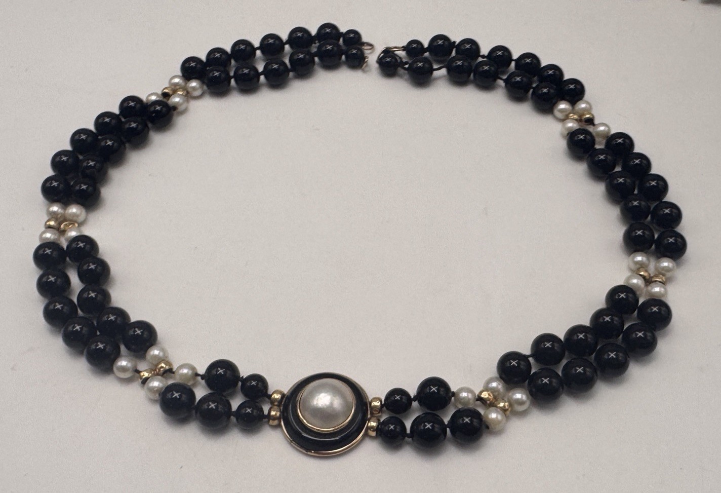 Vintage 14K Gold Black Onyx and Pearl Double Strand Knotted Bead Necklace READ
