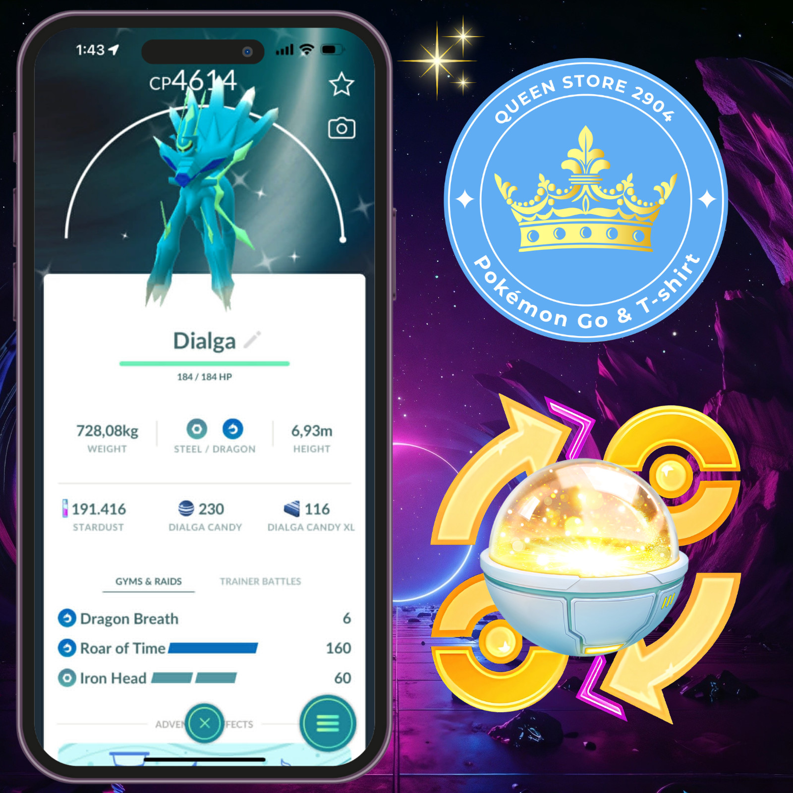 PTCentraI —Trade GO— Shiny Dialga Origin Lv 50 —3 Movesets Roar Of Time—Digital