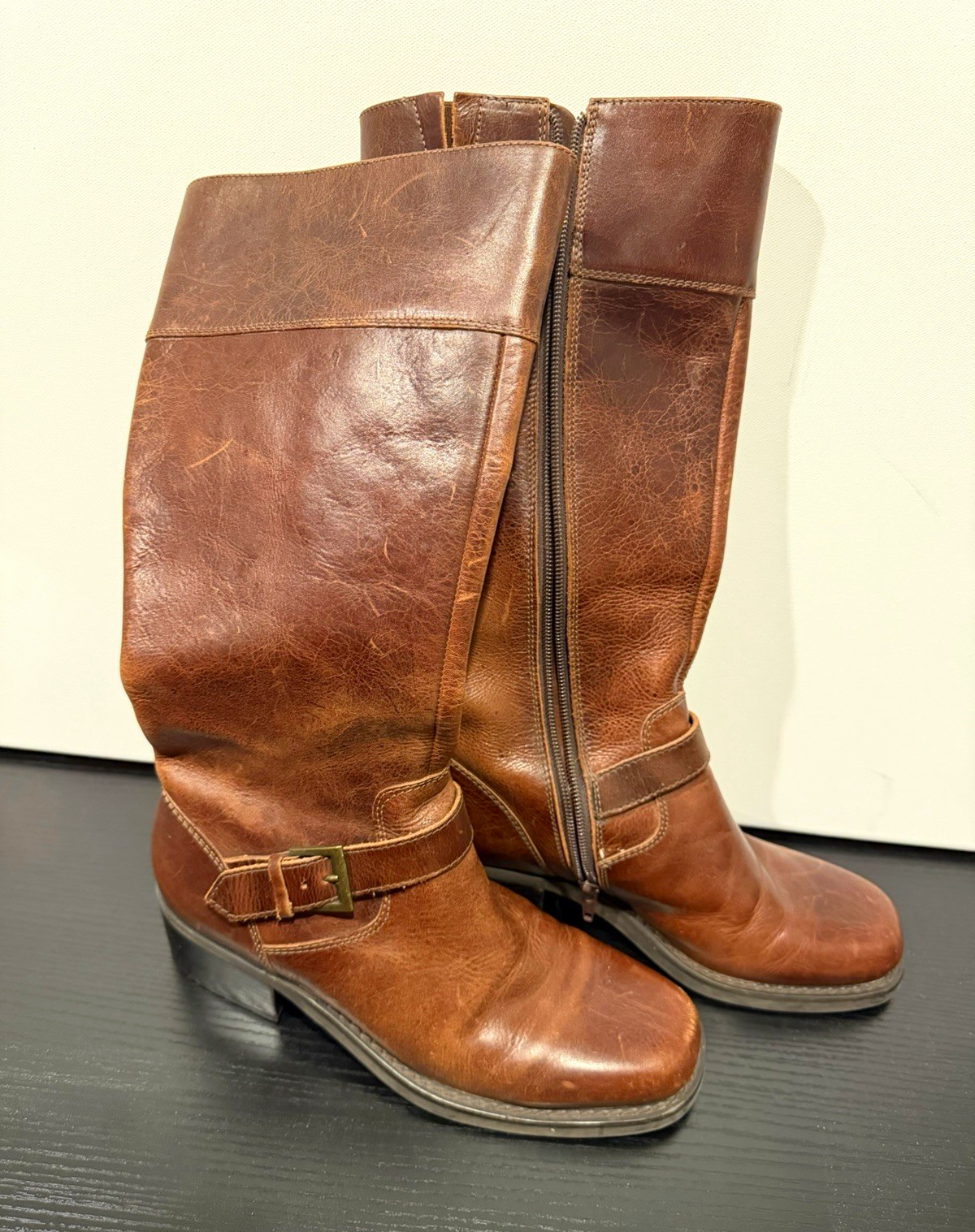 Ruff Hewn Becca Women’s Brown Leather Knee High Western Boots Buckle Zip 7