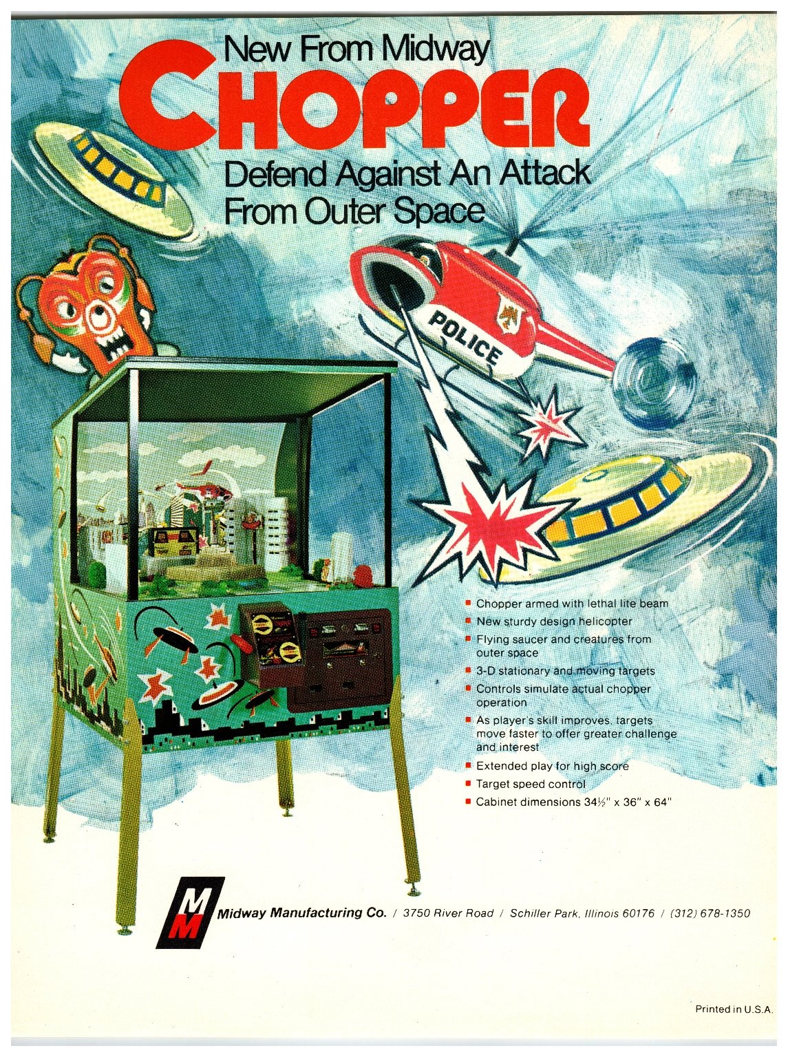 Midway CHOPPER Arcade Game Ad Flyer Vintage Original 1974 Sci-Fi