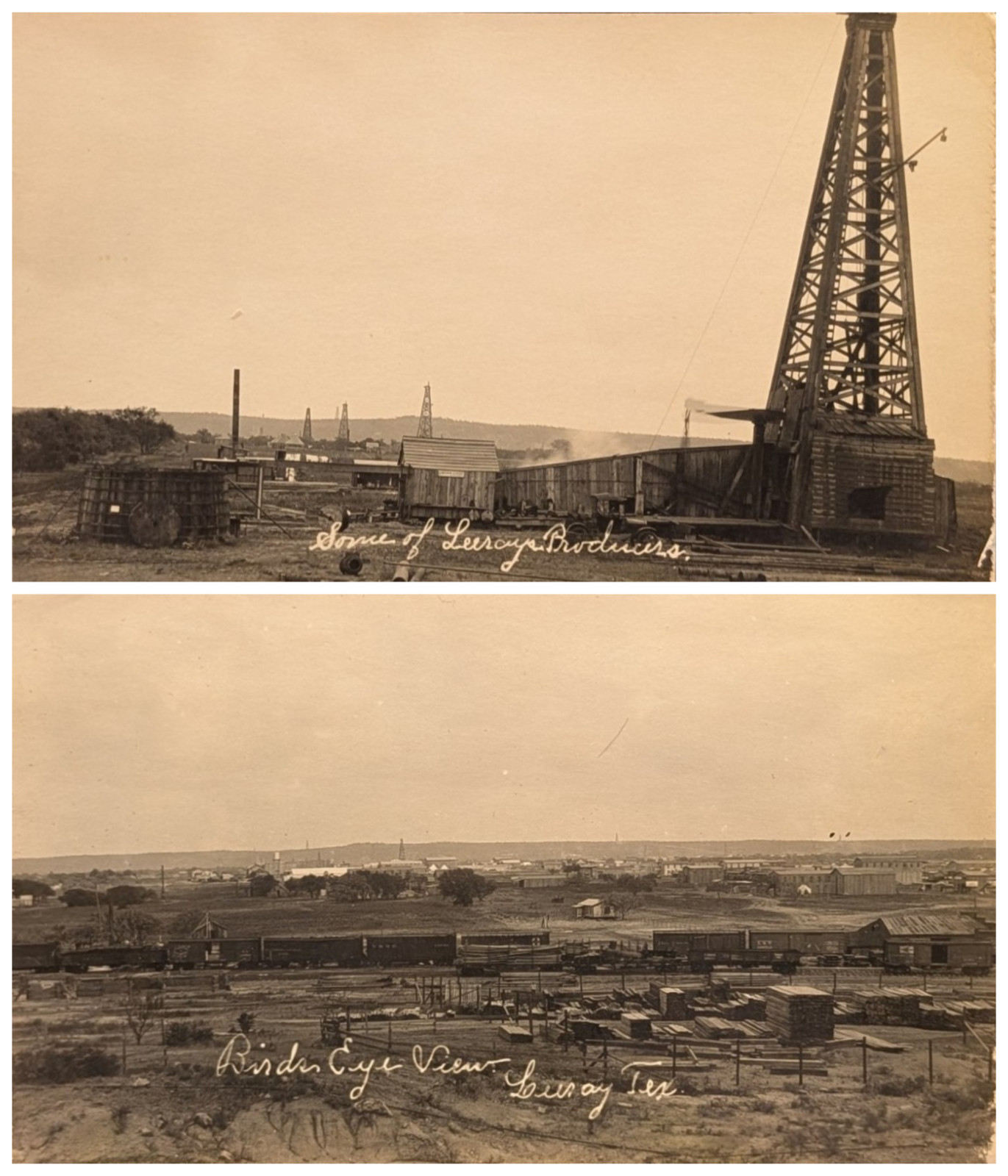 Pair 1920s RPPC Postcards Leroy Texas Oil Boom Wooden Derricks Aerial Town View