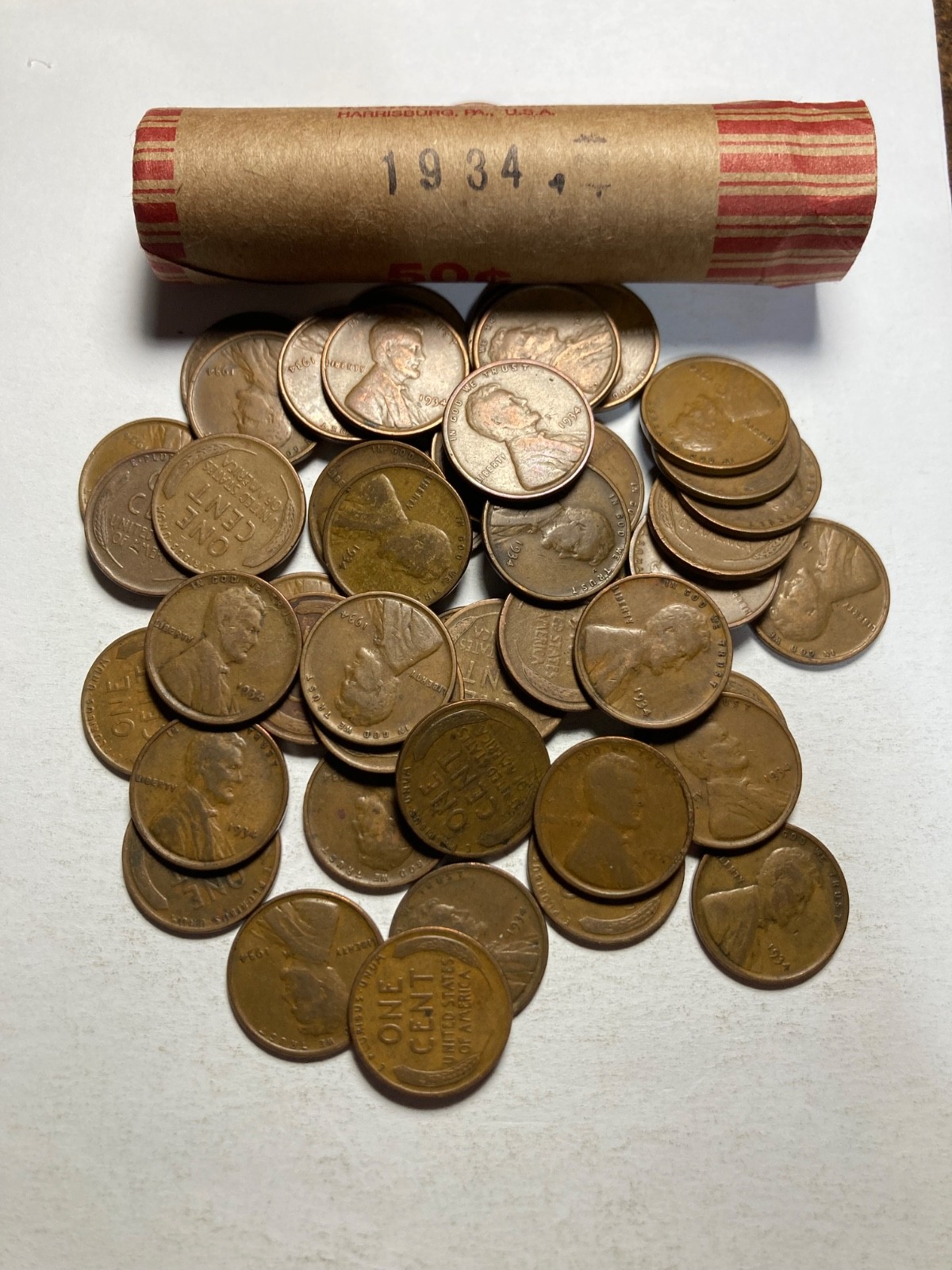 1934 (P) LINCOLN WHEAT CENT ROLL 50 coins in good or better condition
