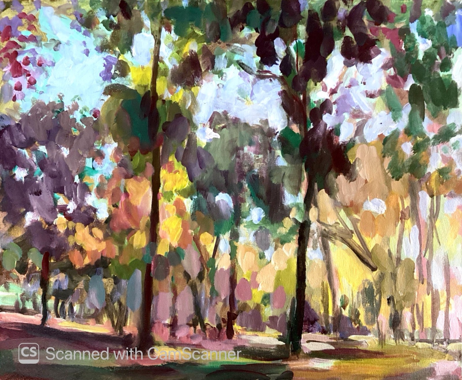 PDQ Original 16x20 Impressionist Sunlit Park Trees Autumn Painting Signed Canvas