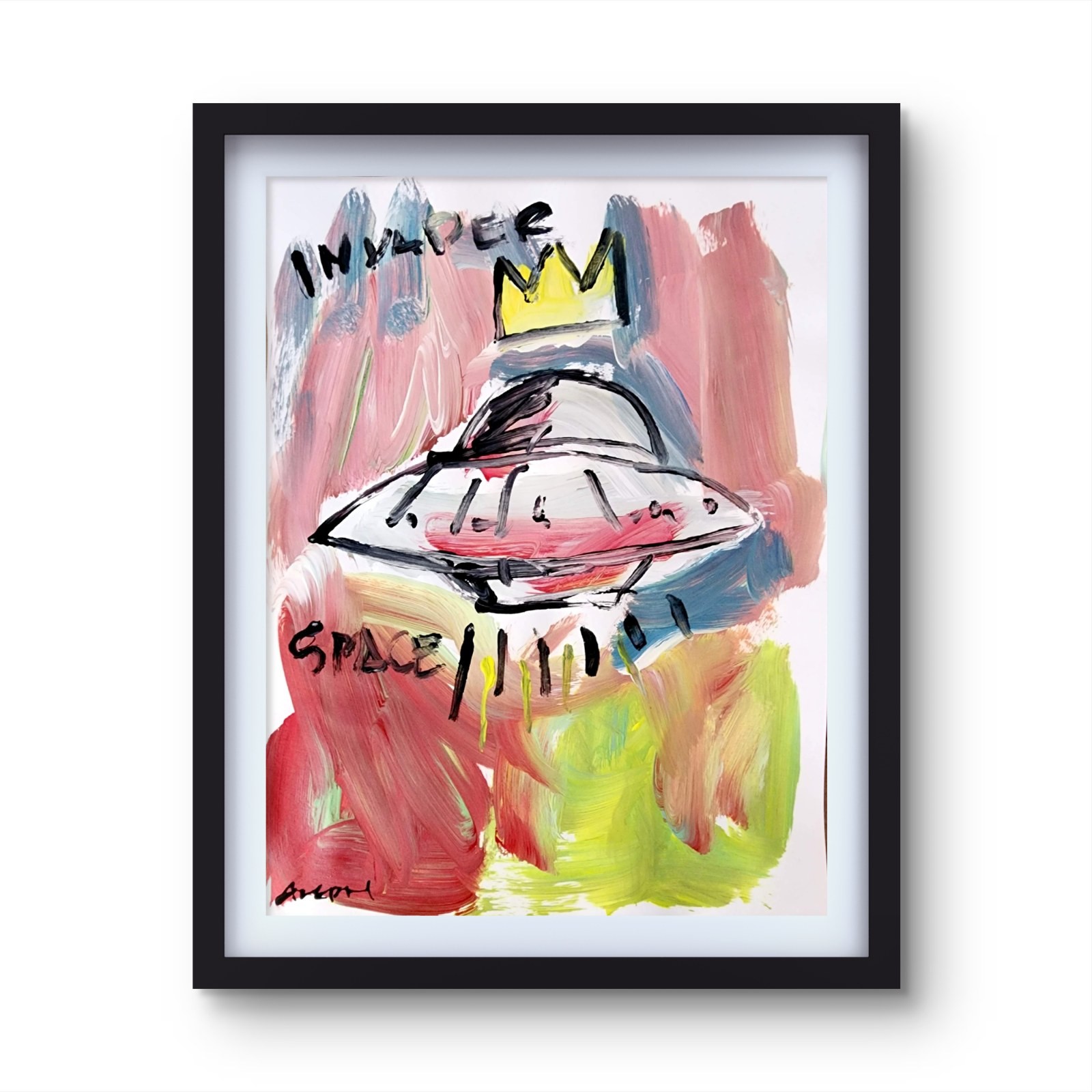 Aleph Original 11x14 Expressionist Invader Space Ufo Crown Painting Signed Paper
