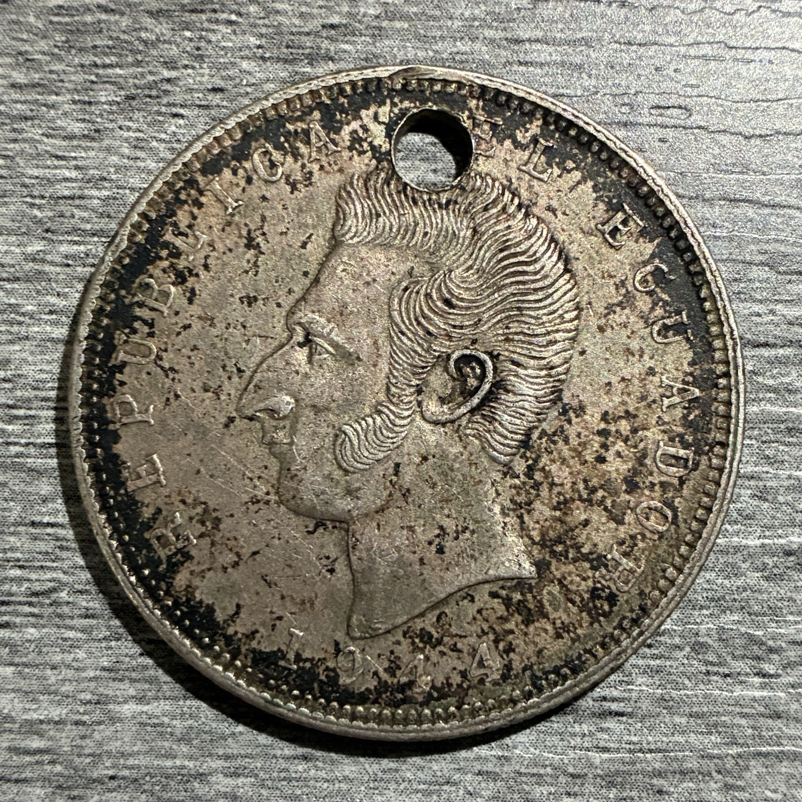 Ecuador 5 Sucres 1944 Mo Silver Coin XF But Holed