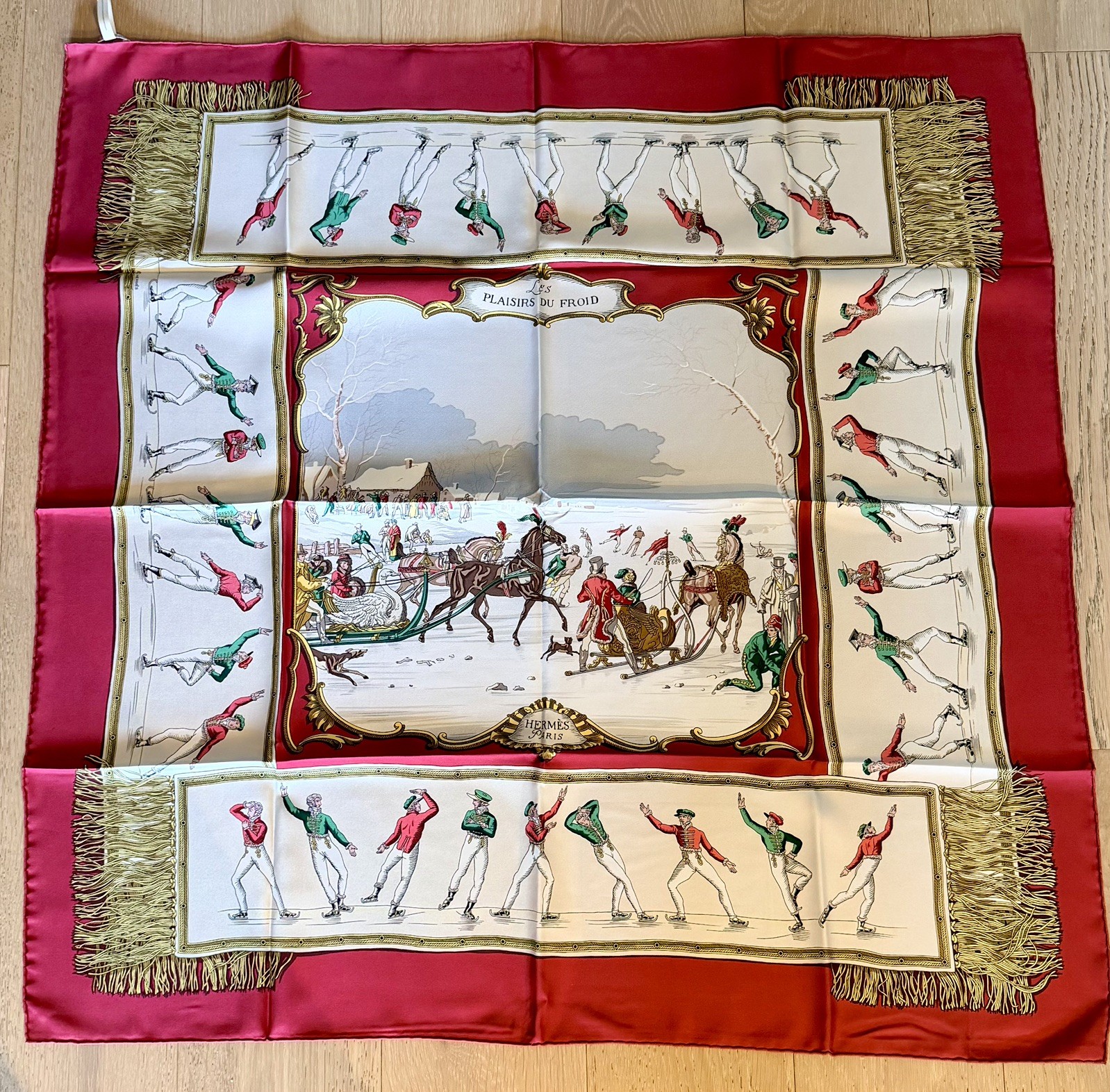 Authentic HERMES Les Plaisirs du Froid Silk Scarf 90 Red Ivory Carré w/ Box Authentic HERMES Les Plaisirs du Froid Silk Scarf 90 Red Ivory Carré w/ Box