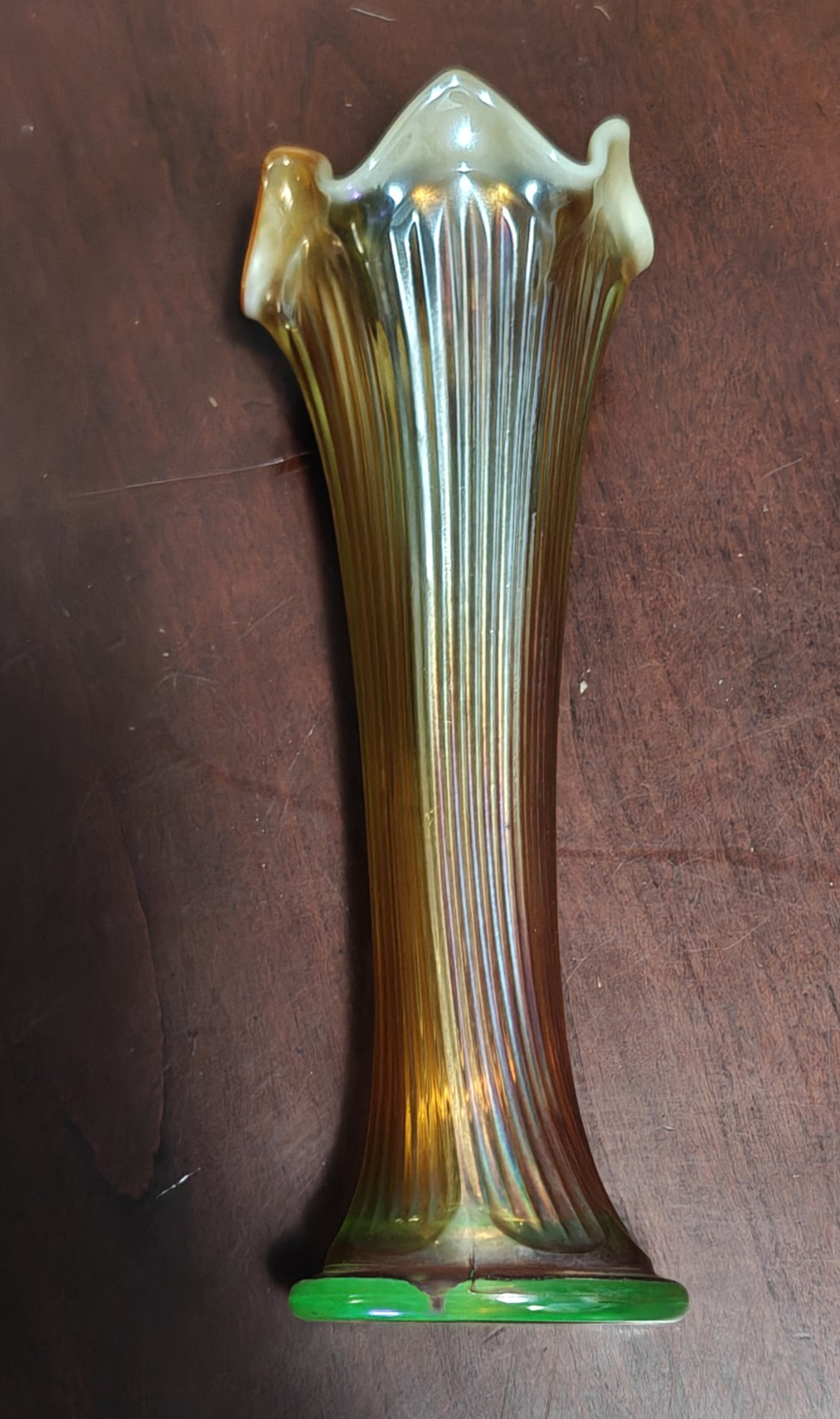 Rare Fenton Fine Rib Carnival Vase In Vaseline Opal. Strong Glow See Description