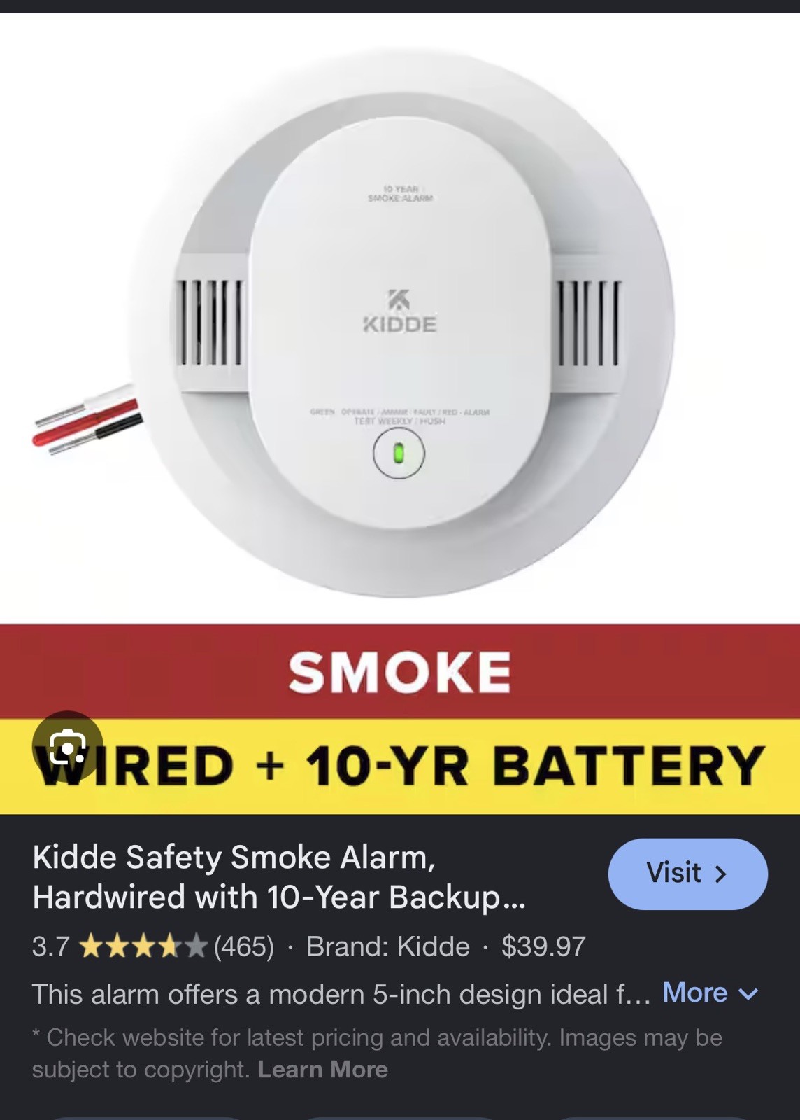 Kidde 20SA10 Hardwired Smoke Alarm w/ 10-Year Battery Backup, White, 6-pack Kidde 20SA10 Hardwired Smoke Alarm w/ 10-Year Battery Backup, White, 6-pack