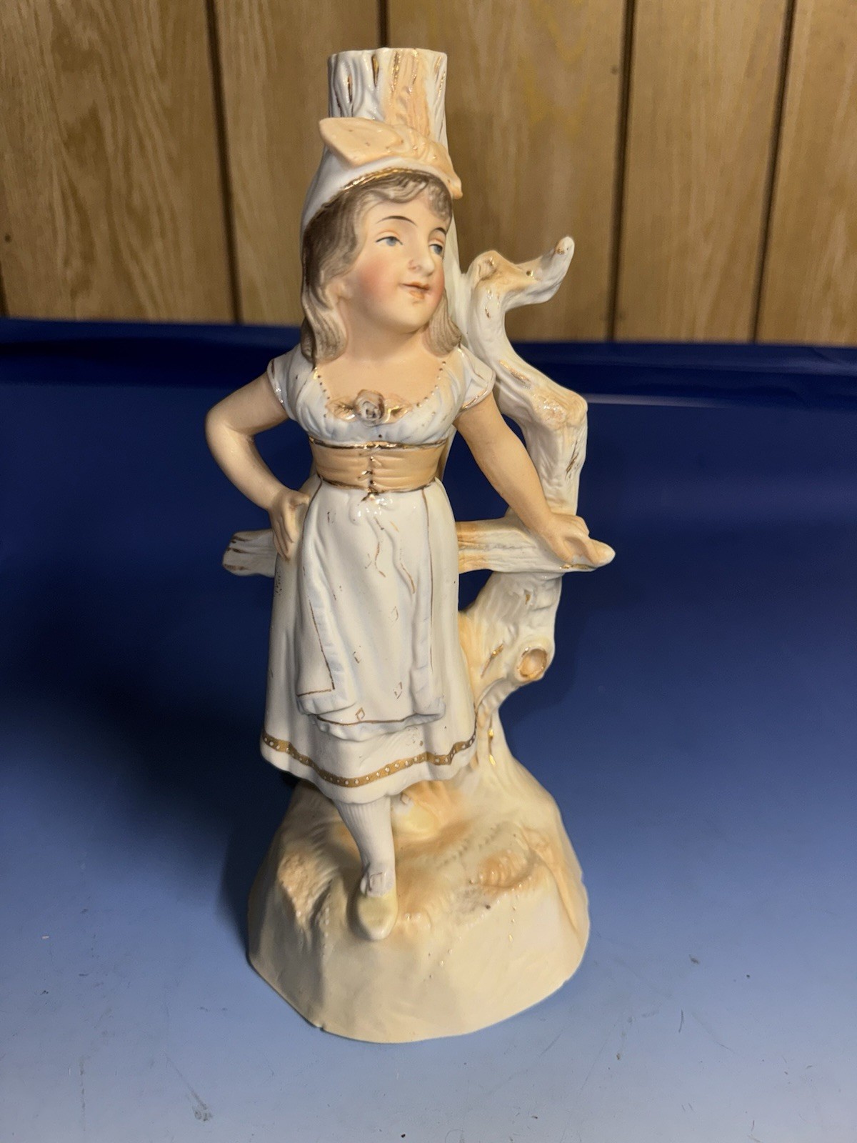 Antique German Bisque Porcelain Candelabra Figurine Girl 1890