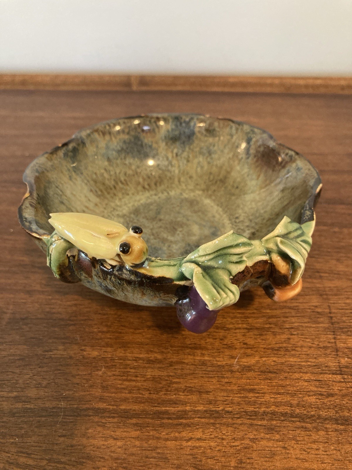 Studio Art Pottery Bowl Trinket Dish Cricket Leafhopper Beatle Bug Earthy Color