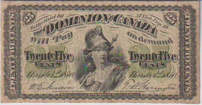 Canada 25 Cents Banknote 1870 Fine Grade