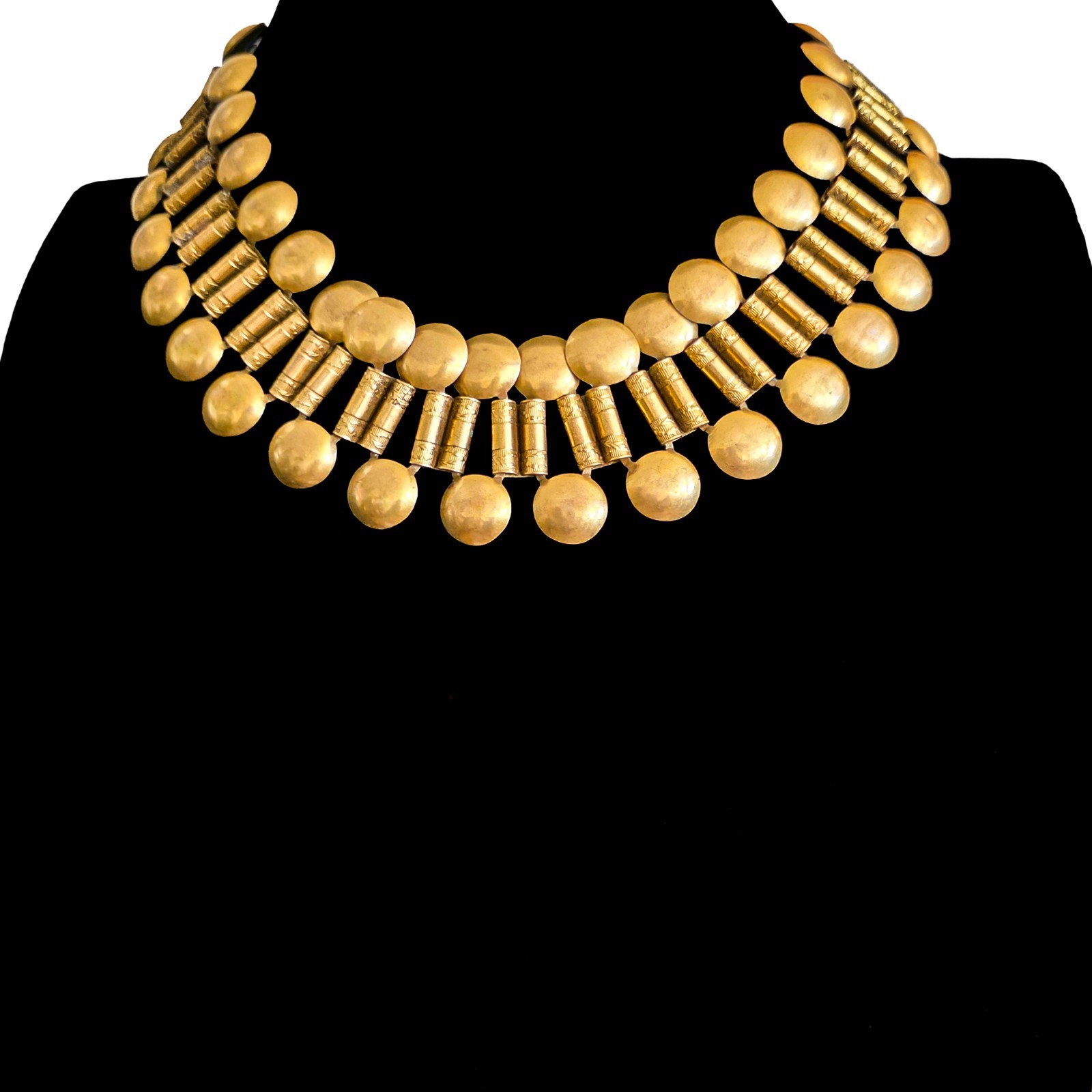 VTG 1940s Egyptian Revival Cleopatra Gold Collar Necklace Tiered Scalloped Bib 8