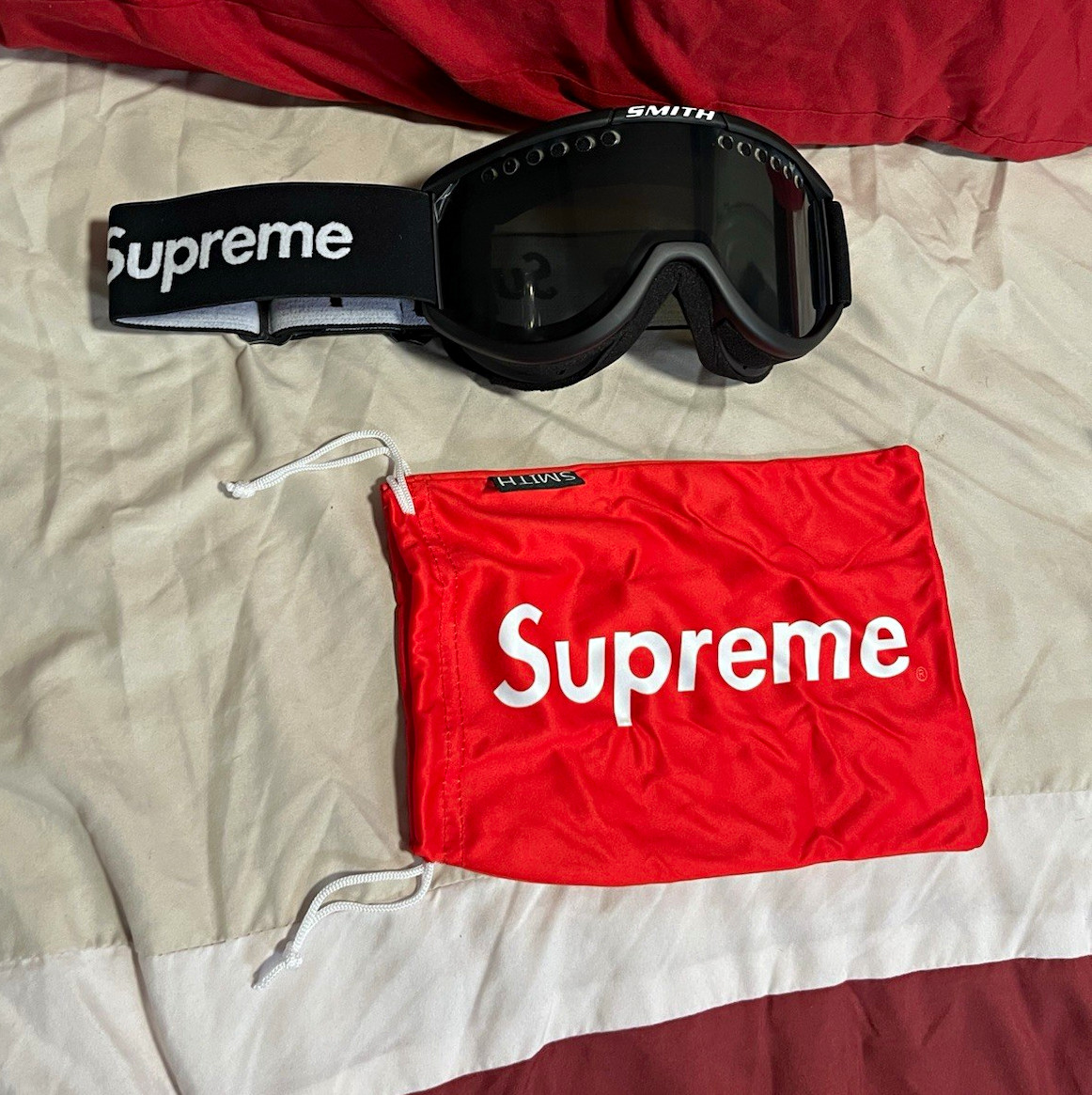 Supreme x Smith Ski Goggles Black Tinted Lens UV400 Adjustable w/ Red Bag