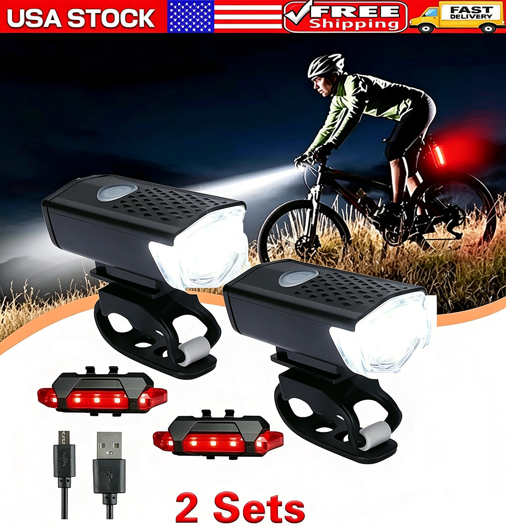 2 Sets USB Rechargeable LED Bicycle Headlight Bike Front Rear Lamp Cycling