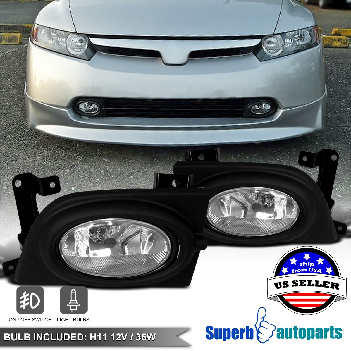 Fits 2006-2008 Honda Civic 4Dr Sedan Bumper Fog Lights Driving Lamps+Switch