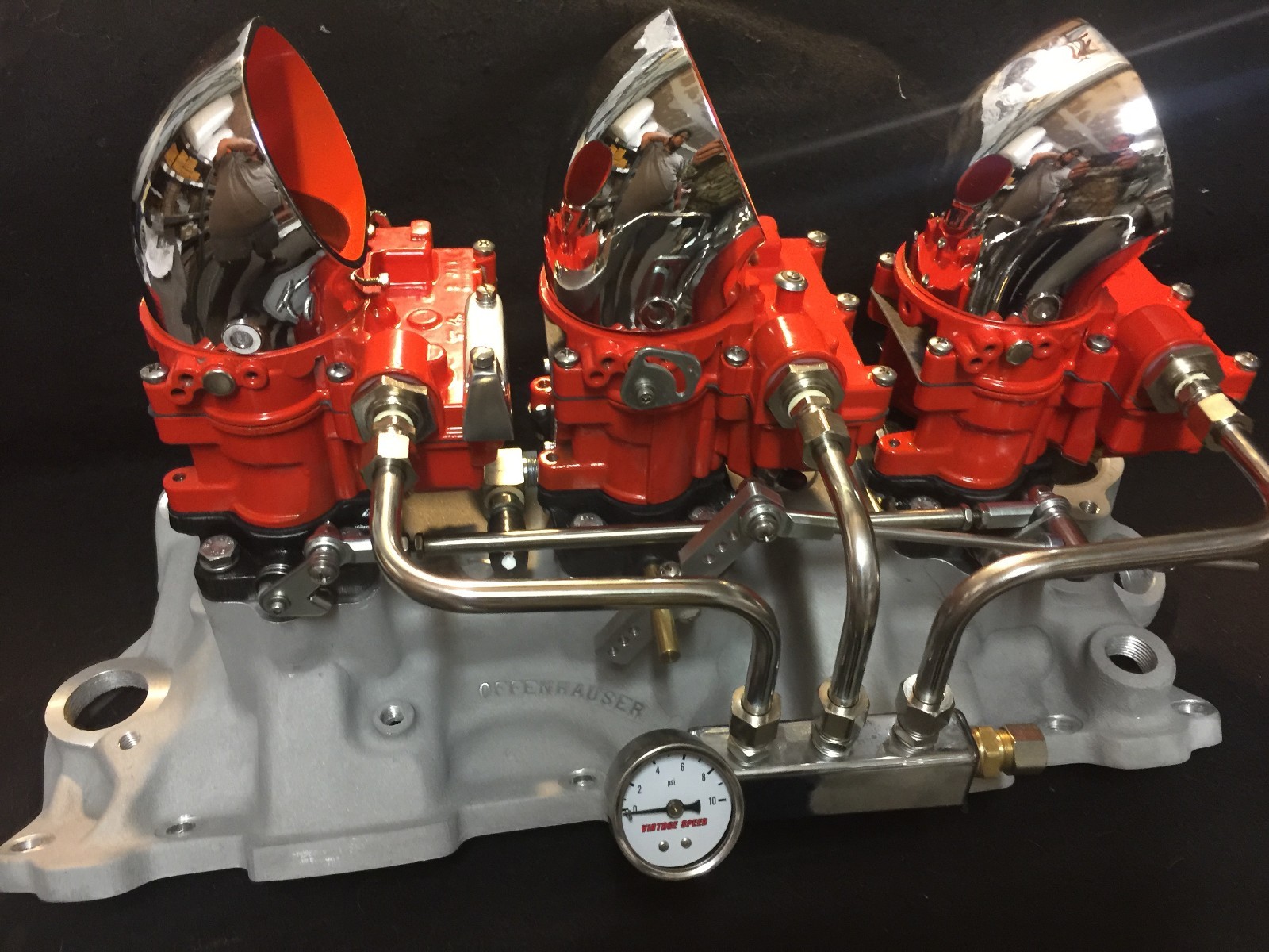 VINTAGE SPEED ROCHESTER 2G  3 x 2  CARB  SET IN CHEVY ORANGE  TRI POWER HOT ROD