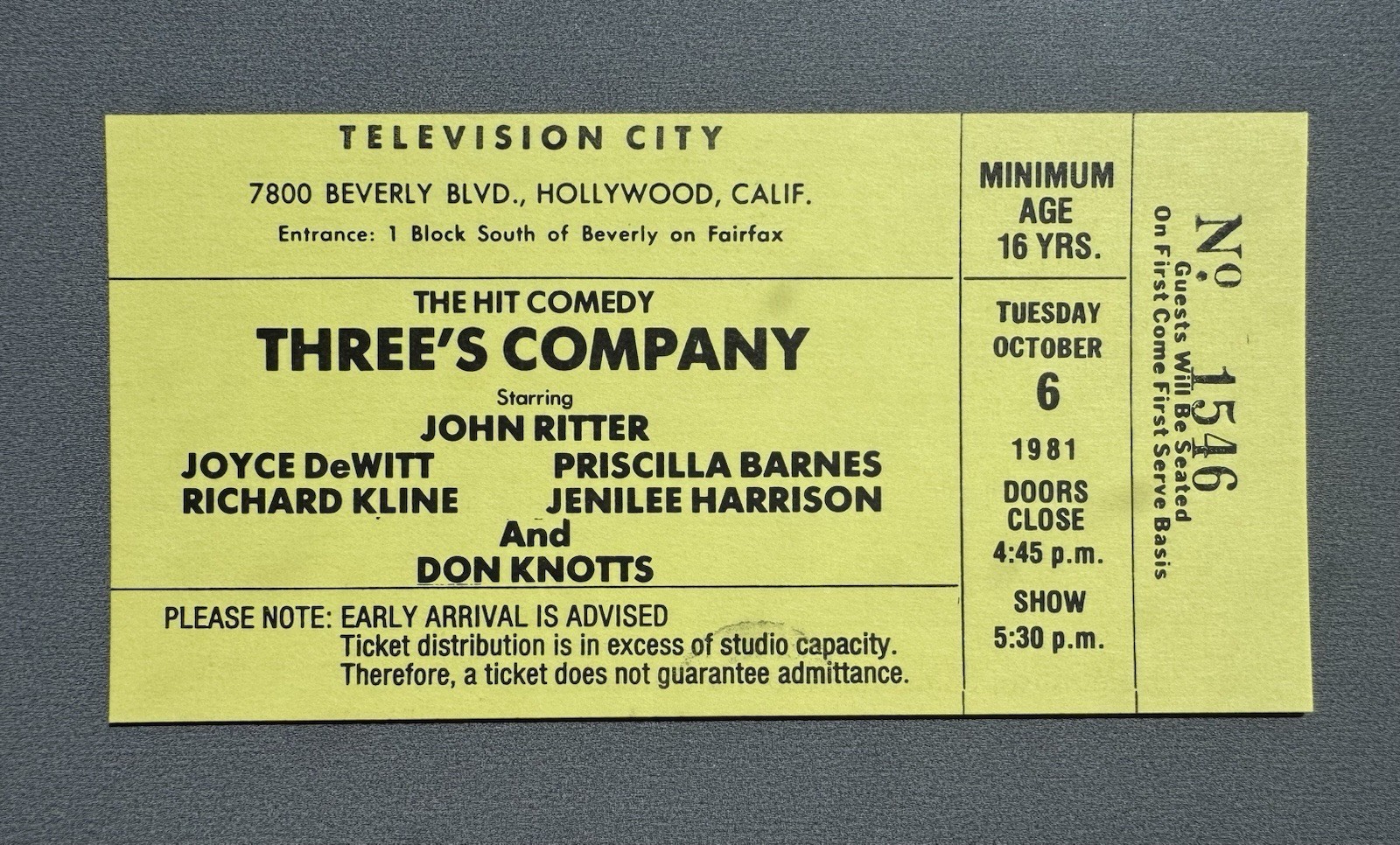 1981 Three’s Company Original CBS Television City Studio Audience Ticket