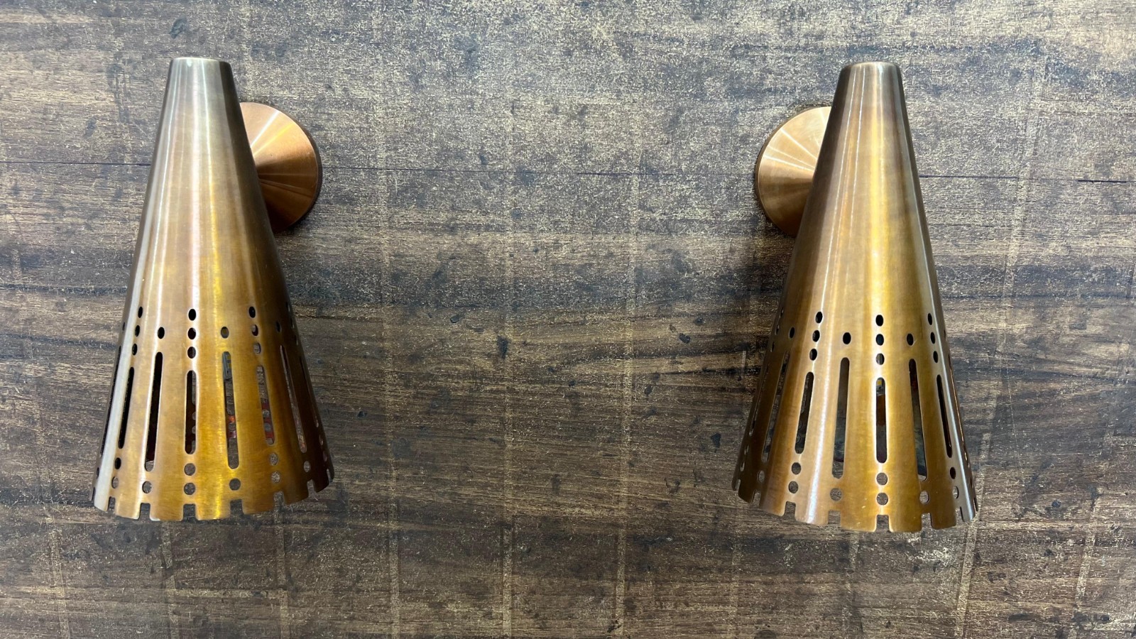 Vintage Brass Cone Wall Sconce Pair - Mid Century Modern Perforated lamps