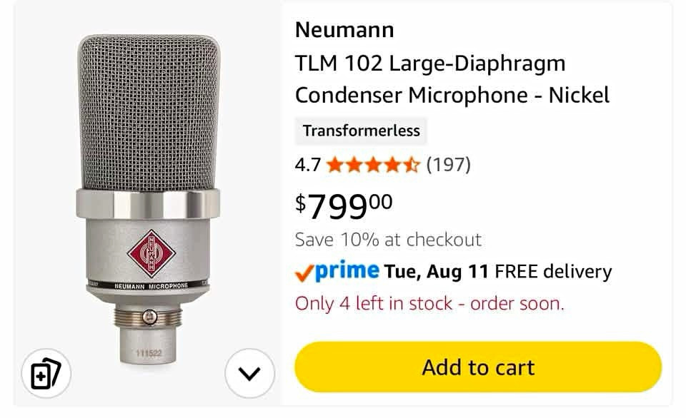 Neumann TLM 102 Large Diaphragm Condenser Cardioid XLR Mic w/ Shock Mount Neumann TLM 102 Large Diaphragm Condenser Cardioid XLR Mic w/ Shock Mount