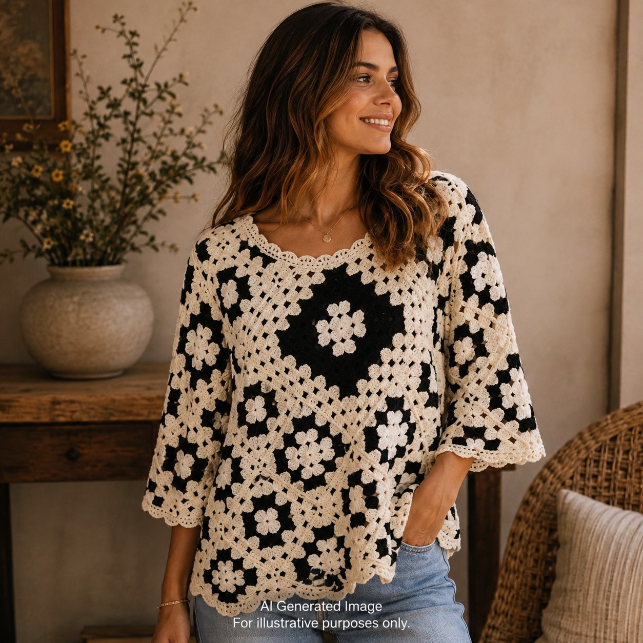 POL Crochet Granny Square Top Black Cream Oversized Boho Festival One Size NWT