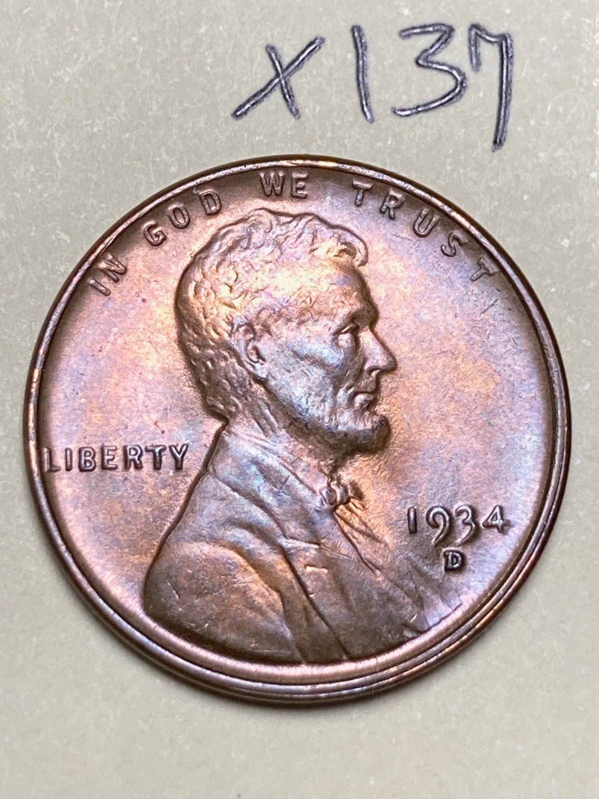 1934-D LINCOLN WHEAT CENT, BU & Beautifully/Uniquely Toned coin #X137