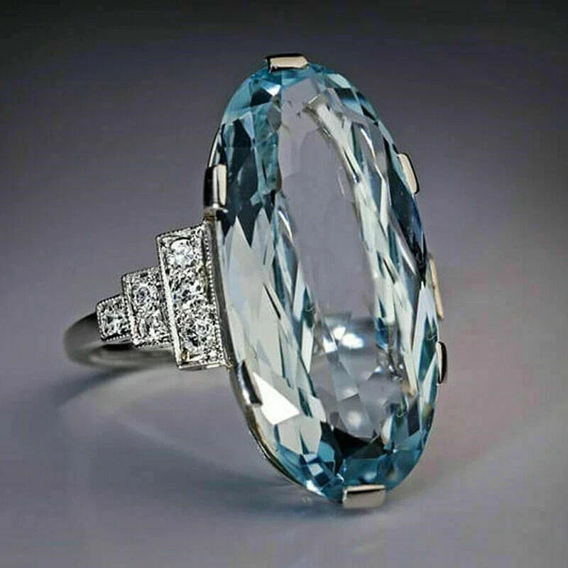 11.20 Ct Oval Cut Natural Aquamarine Diamond Wedding Ring 14K Solid White Gold