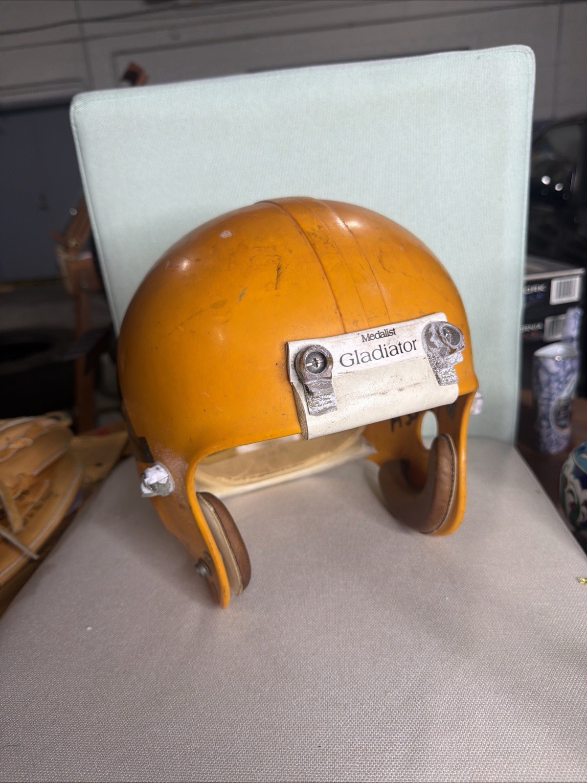 Vintage 1970s Medalist Gladiator Football Helmet Orange Black “A” Incomplete