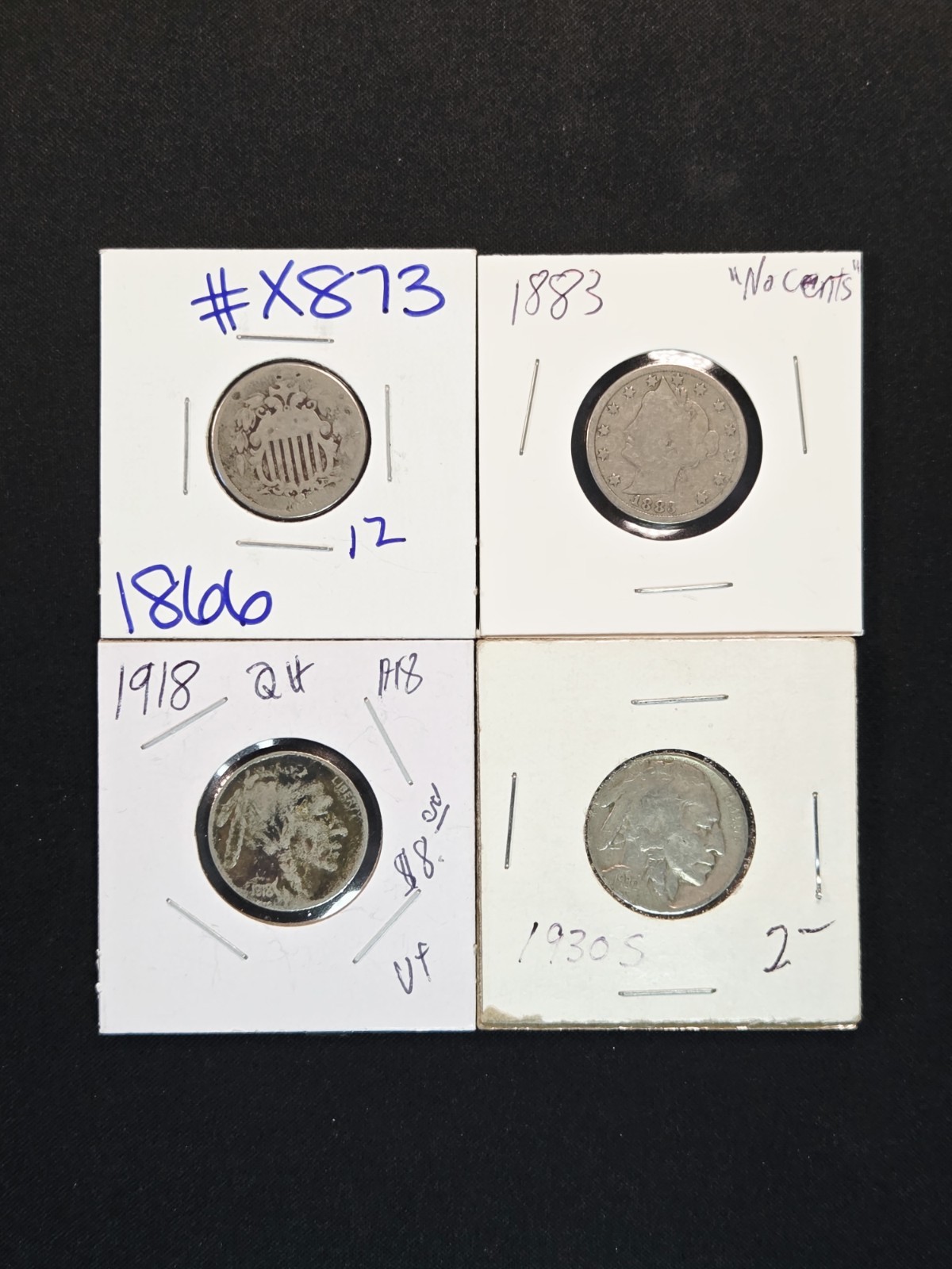 1866 Shield 1883 No Cents V Nickel 1918 1930-S Buffalo Nickel 4 Coin Lot Antique