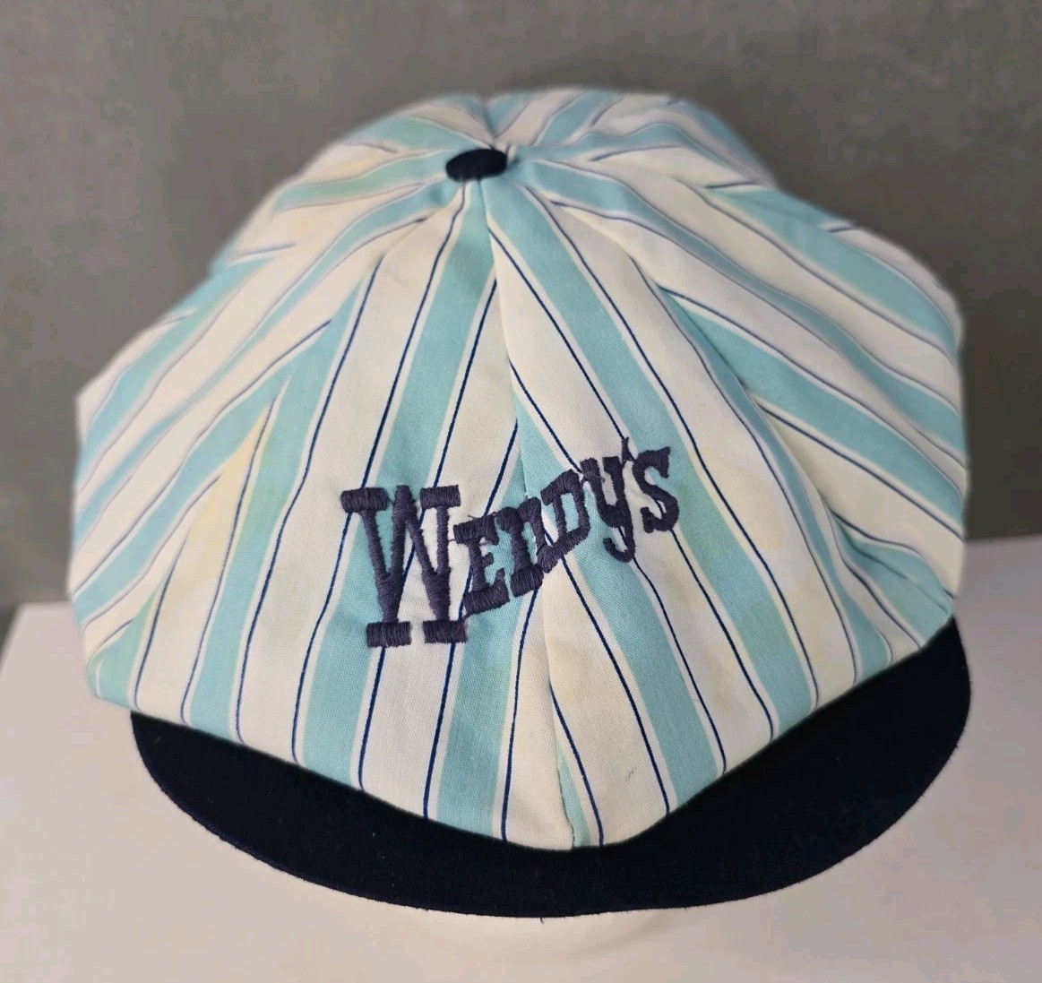 vintage Wendy\'s fast food uniform hat classic blue stripe made USA snapback cap