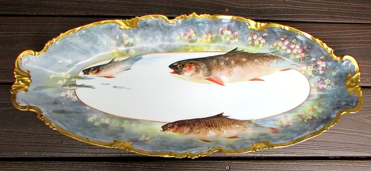 Antique Limoges France Fish Platter 24 Inch Coiffe Gold Gilt Trim Signed DuBois