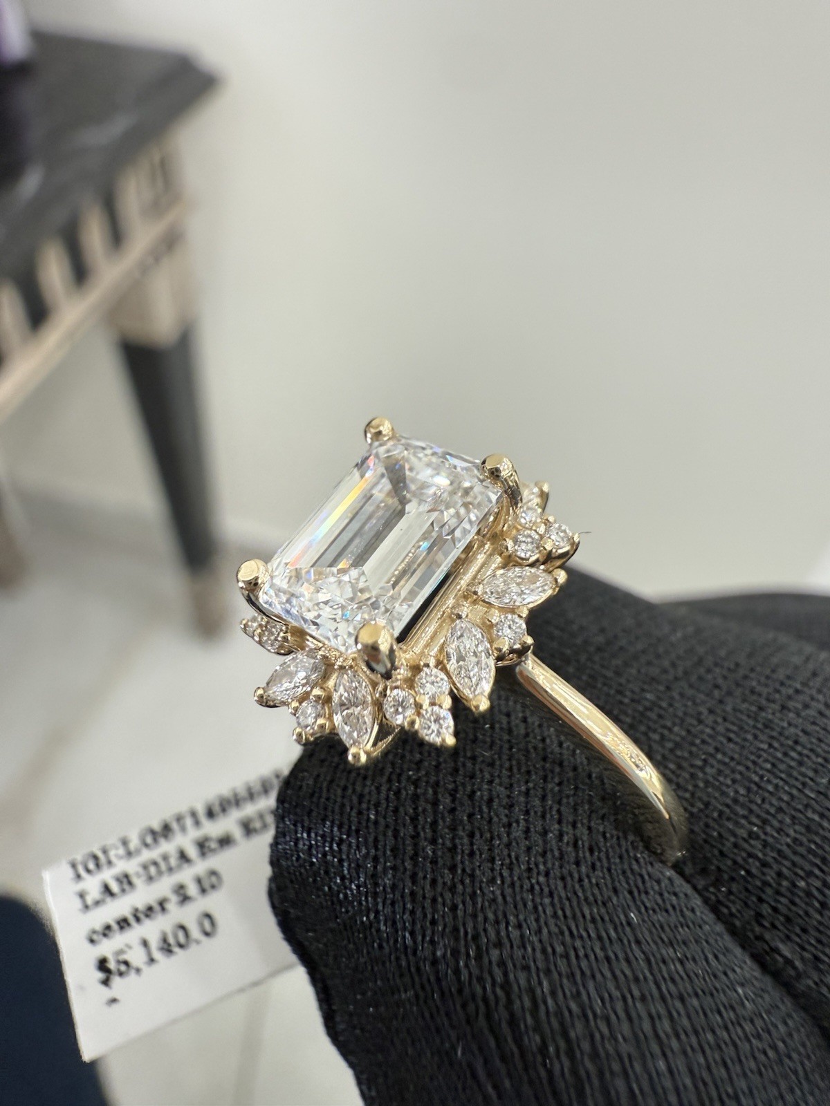 14 KT YELLOW GOLD 2.44 ctw LAB CREATED ENGAGEMENT RING EMERALD CUT,CNT2.10ct