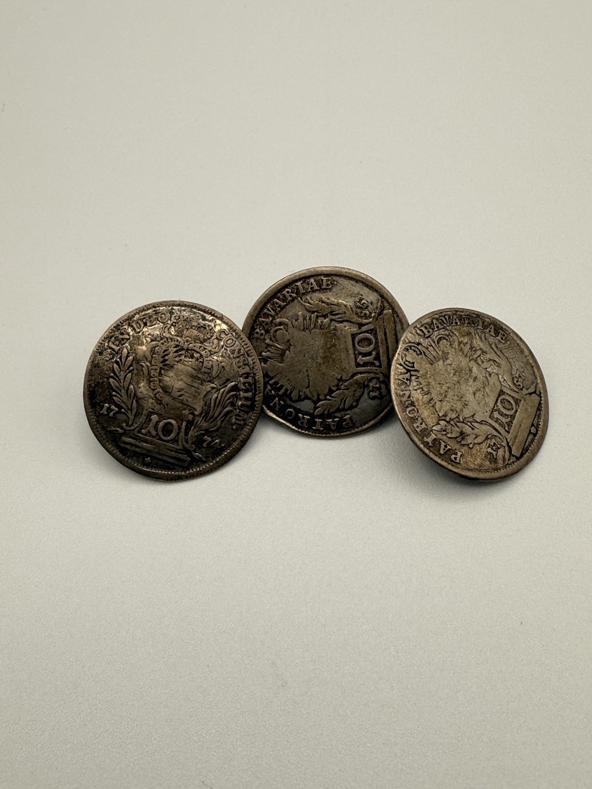 3 Antique Bavarian Silver 10 Kreuzer Coin Buttons Patrona Bavariae 18th C