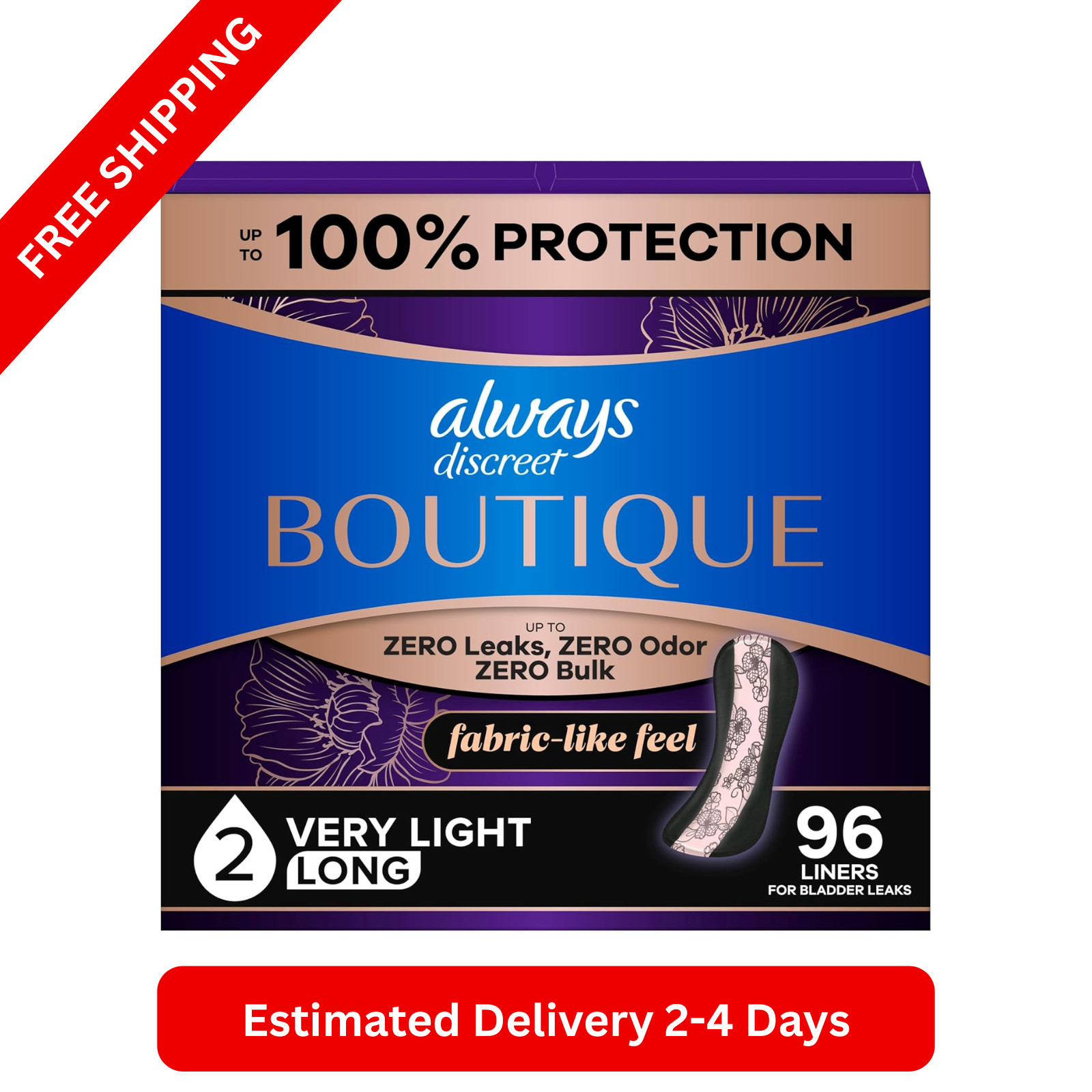 Always Discreet Boutique Incontinence Panty Liners for Bladder Leak, Size 2, 96