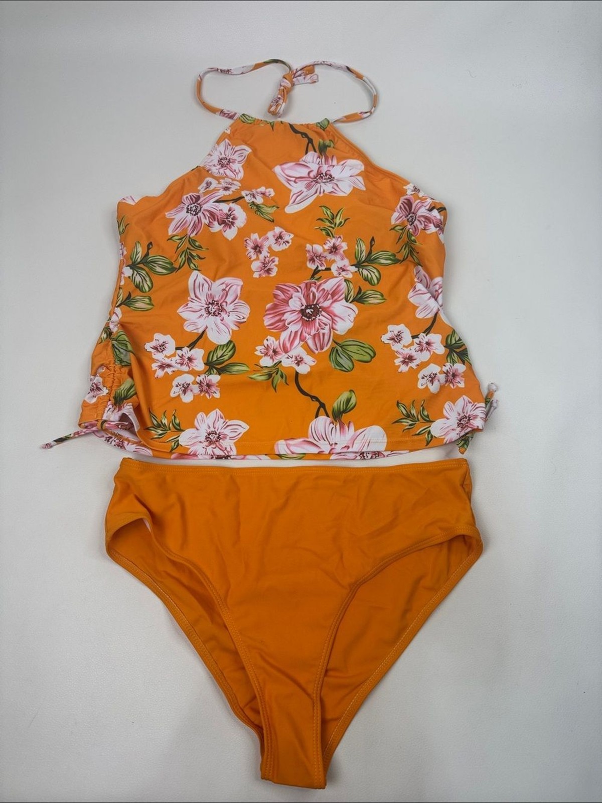 SHEIN Orange Floral Tropical Halter Tankini Set Size XL New NWT