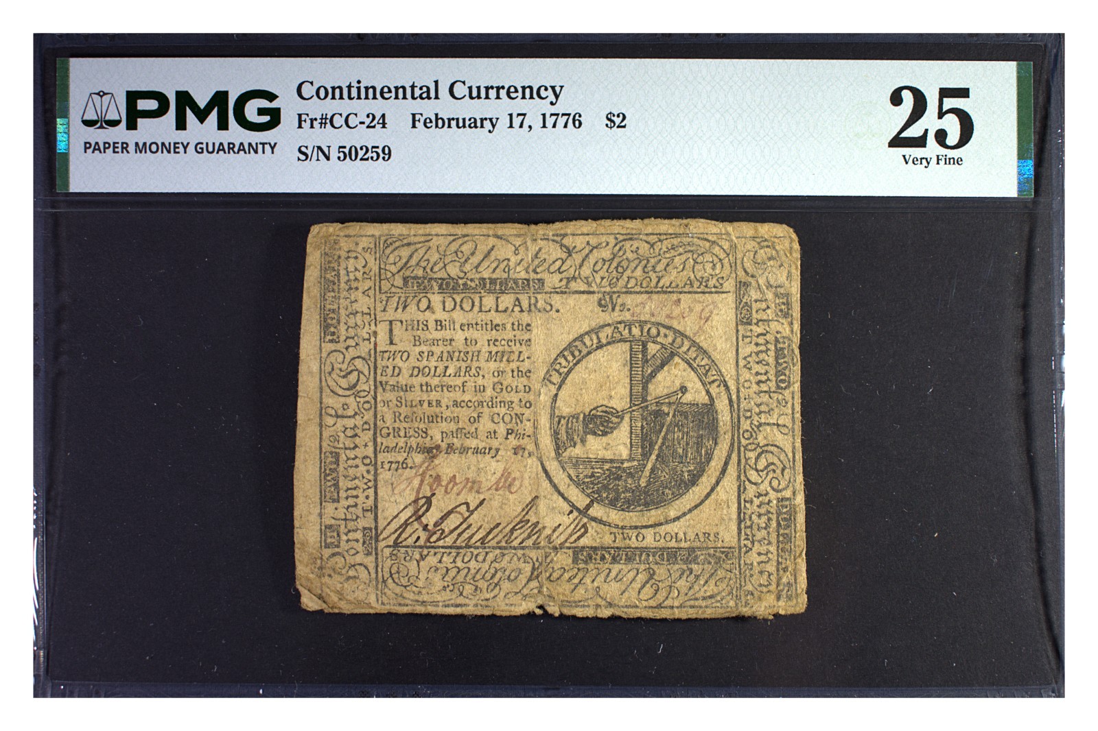 1776 Continental Currency Two Dollars $2 FR#CC-24 PMG 25 Very Fine Detail Tears