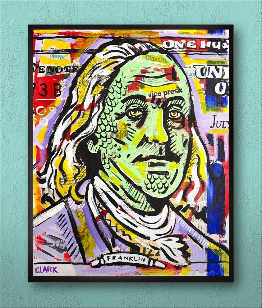 Original Benjamin Franklin Reptilian Mixed Media Pop Art – 20x16 Original Benjamin Franklin Reptilian Mixed Media Pop Art – 20x16