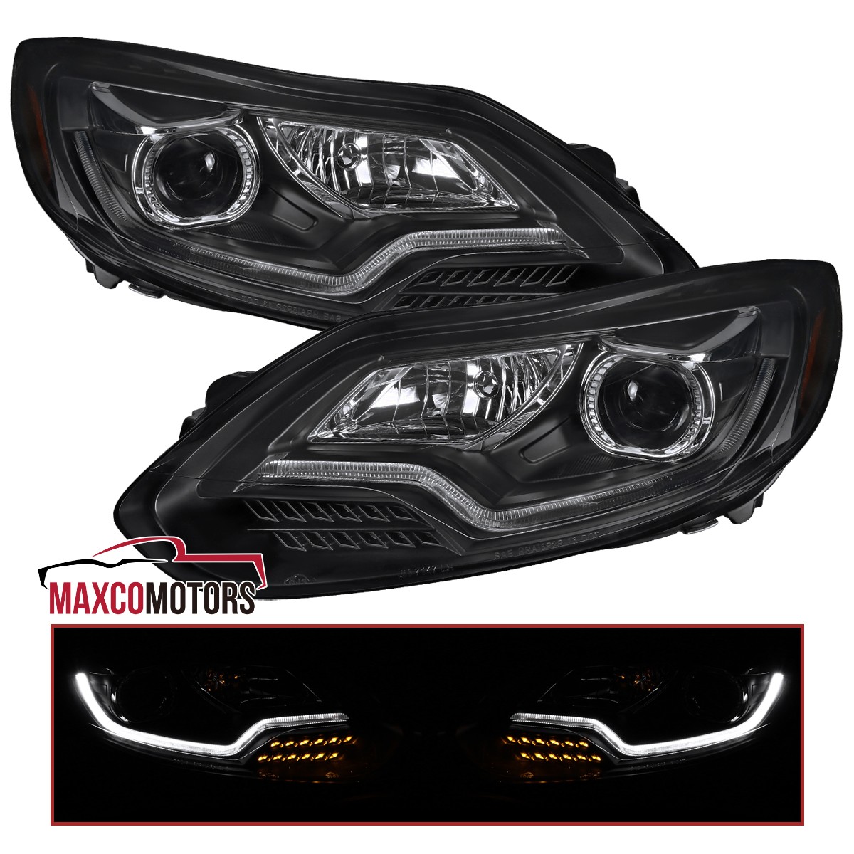 Fits 2012-2014 Ford Focus LED Strip Lamps Black Projector Headlights Left+Right