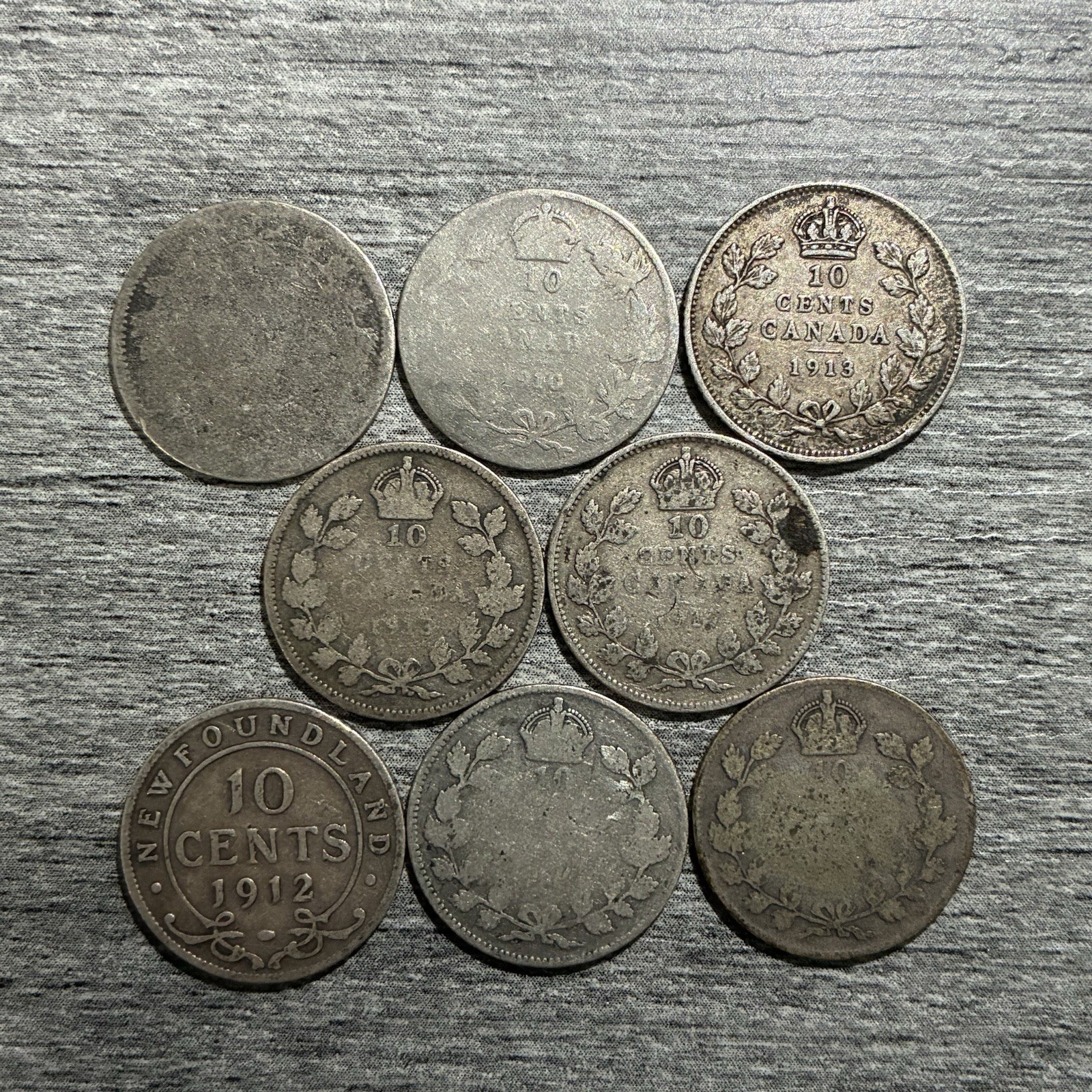 Lot Of 7 Canada 10 Cents Silver Coins 1910-1917 Worn Dates Newfoundland Victoria Lot Of 7 Canada 10 Cents Silver Coins 1910-1917 Worn Dates Newfoundland Victoria