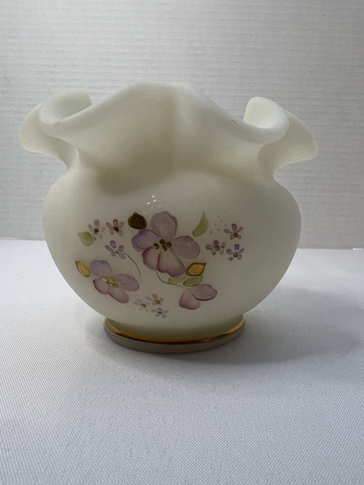 Vtg Fenton Pink Flowers Satin Custard Glass Ruffled Vase Rose Signed NJ Gribble Vtg Fenton Pink Flowers Satin Custard Glass Ruffled Vase Rose Signed NJ Gribble