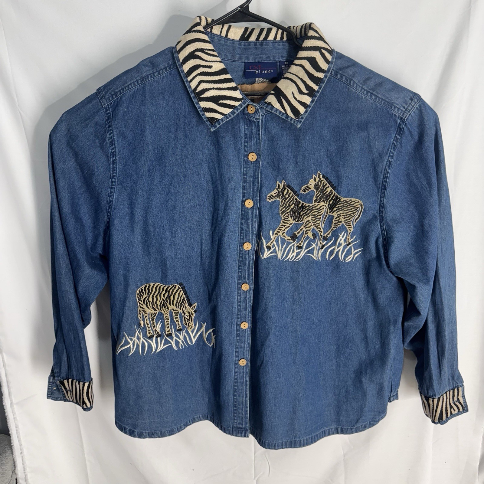 Vintage CST Blues Women\'s Denim Button Up Shirt Wildlife Zebra Safari 3X