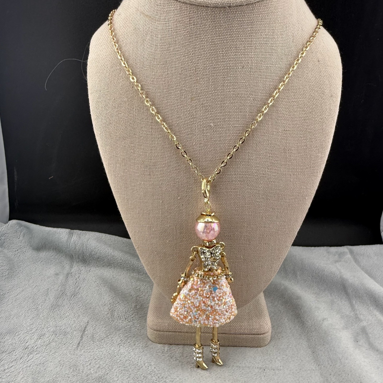 Vintage Ellie’s Belle Necklace Gold French Doll Diva Rhinestone Charm 30”