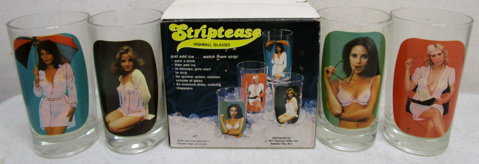 VINTAGE 1977 SPENCER GIFTS STRIPTEASE HIGHBALL GLASSES