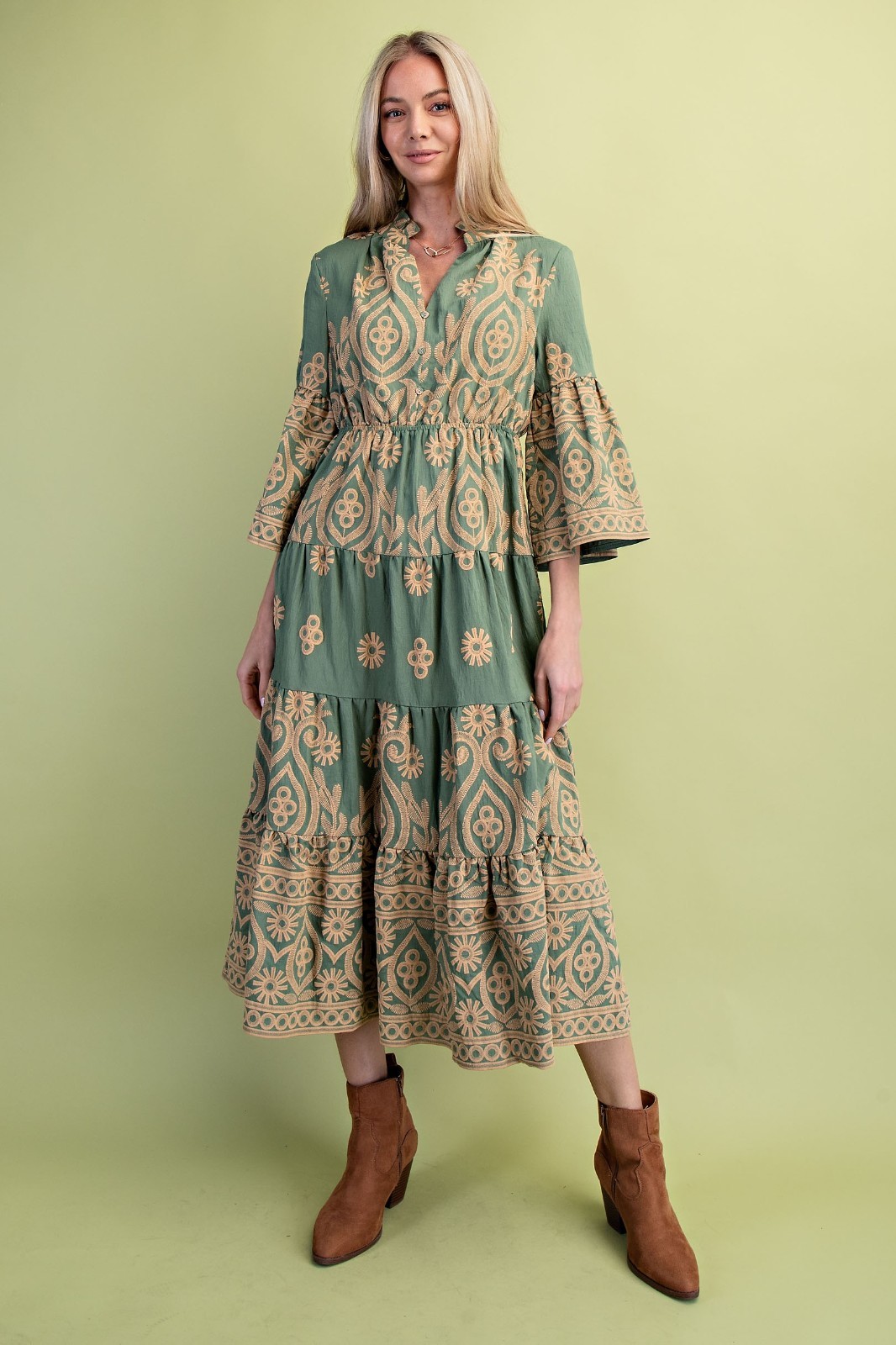Gigio by Umgee Sage Textured Print Tiered Dress w/ Ruffled Neck and Bell Sleeve