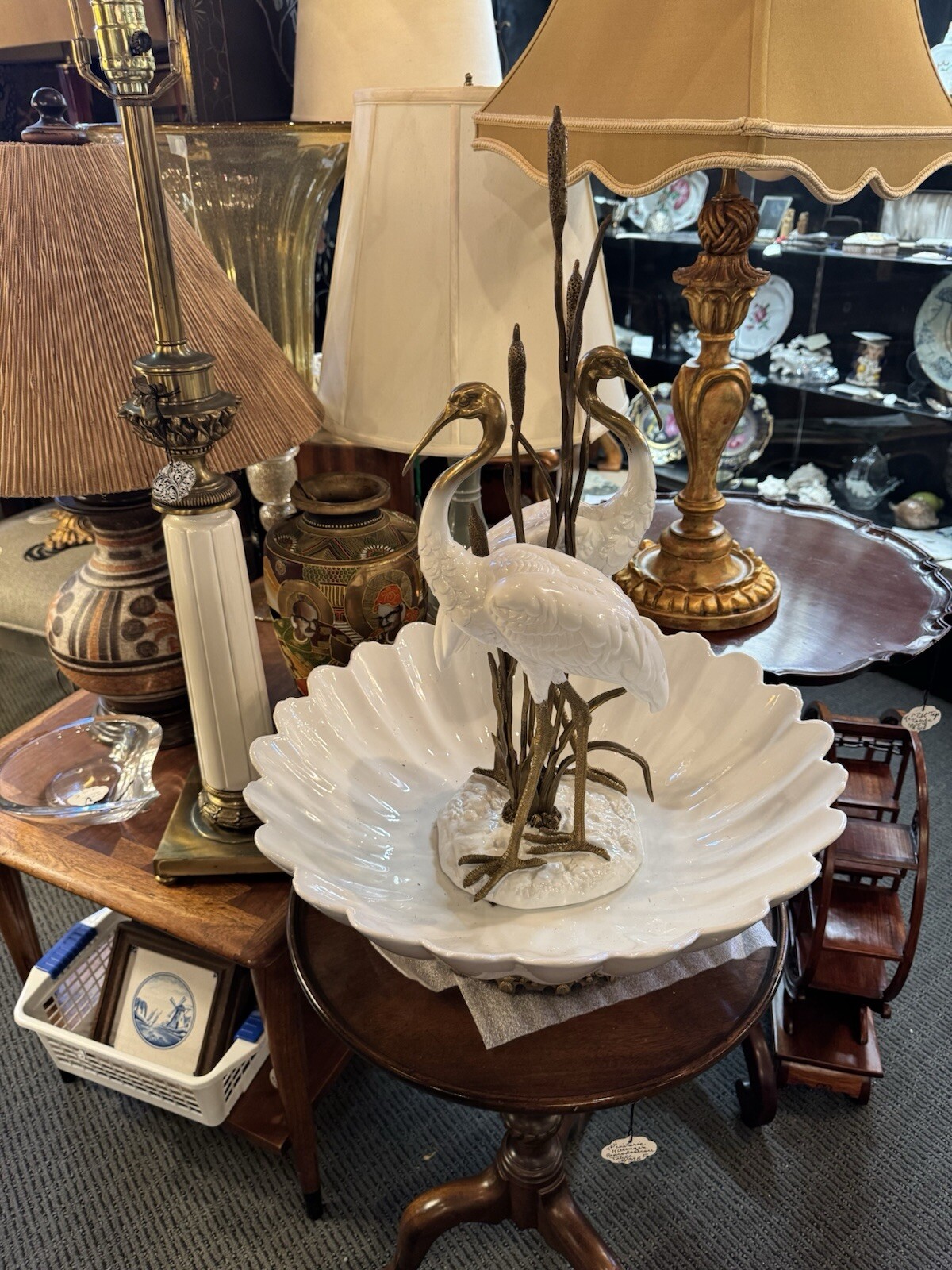Danny\'s Fine Porcelain Pair of Standing Pelicans in Porcelain Bowl