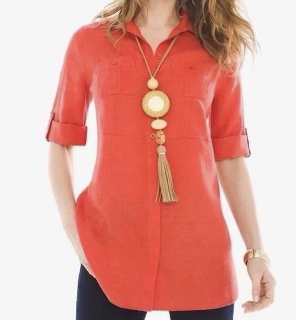 Chico\'s Red Orange No Iron Pocket Linen Blouse Women\'s Size 3 (US size XL)  New