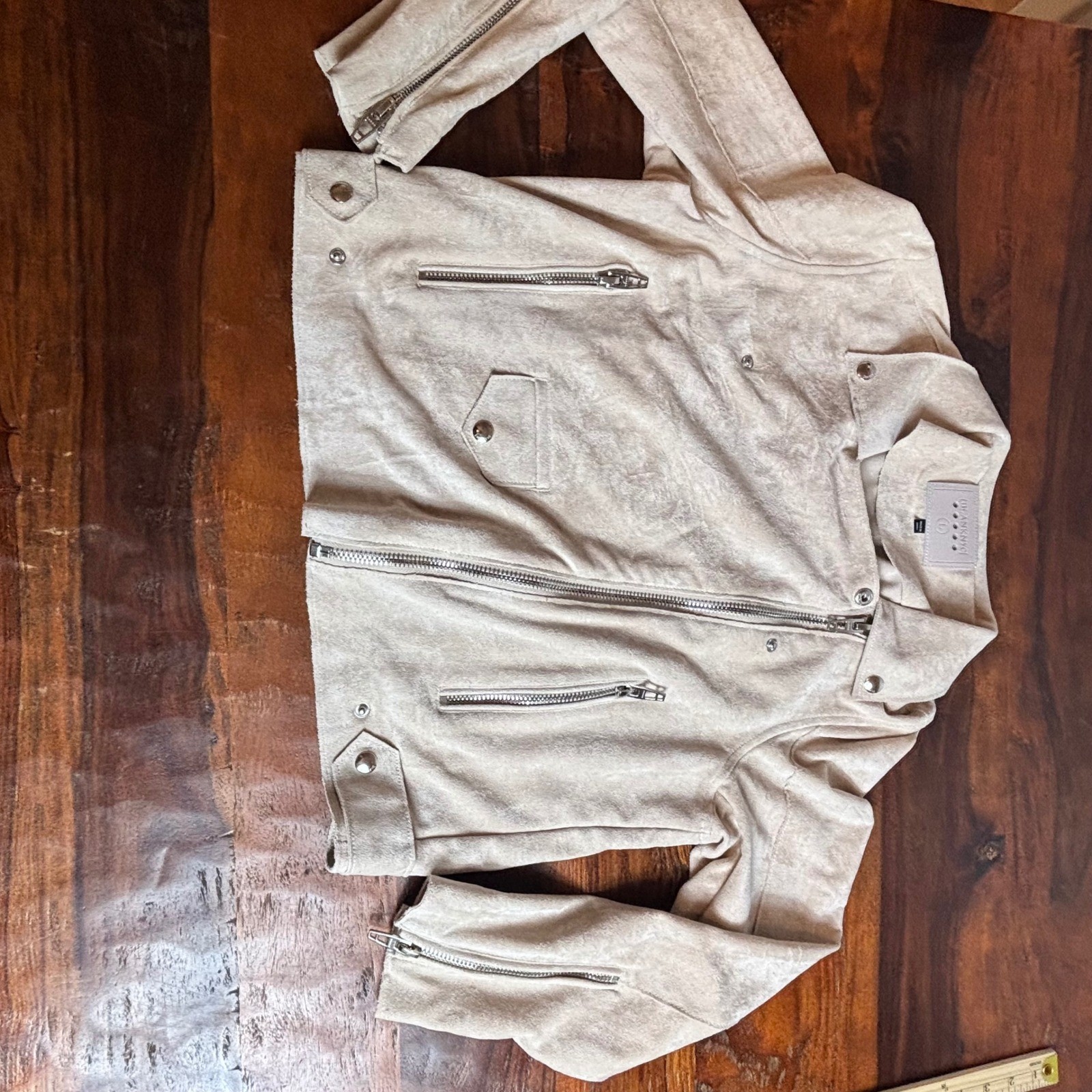 BLANKNYC Womens Tan Suede Moto Jacket Faux Leather Zip Up Size L
