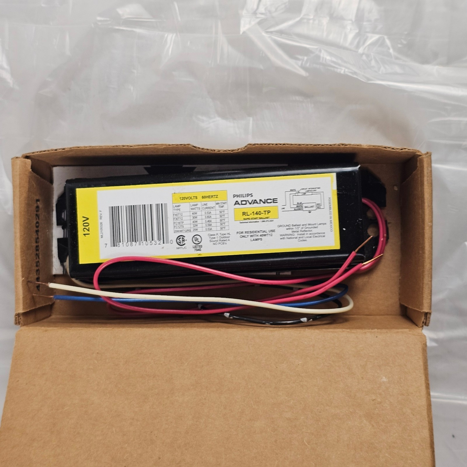 Philips Advance RL-140-TP Rapid Start Ballast 120V 60Hz Philips Advance RL-140-TP Rapid Start Ballast 120V 60Hz