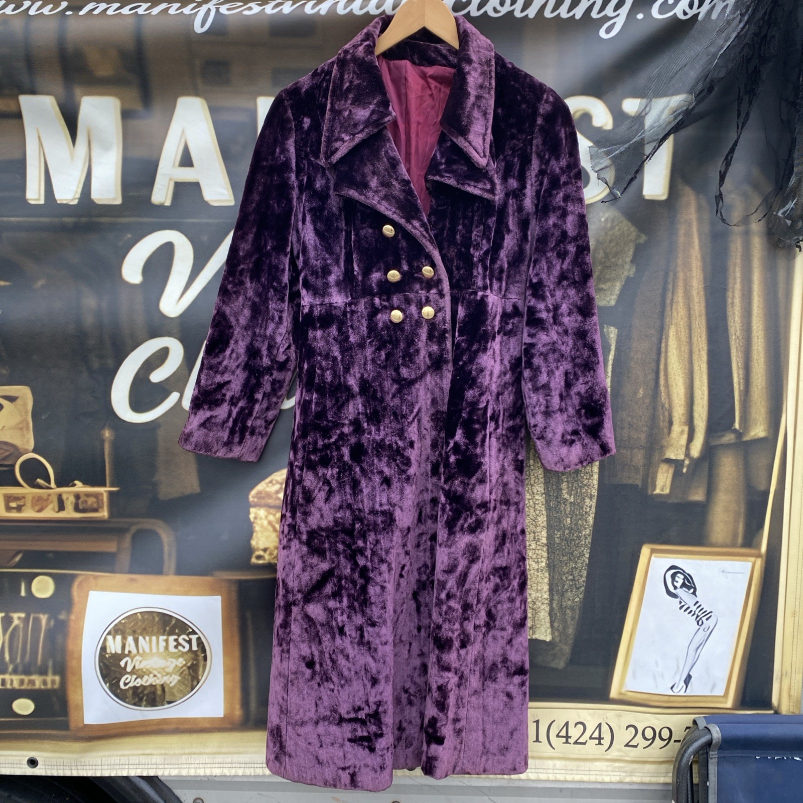 Vtg 1960s Crushed Velvet Purple Trench Coat Gold Buttons Dbl Breasted Mod S/M