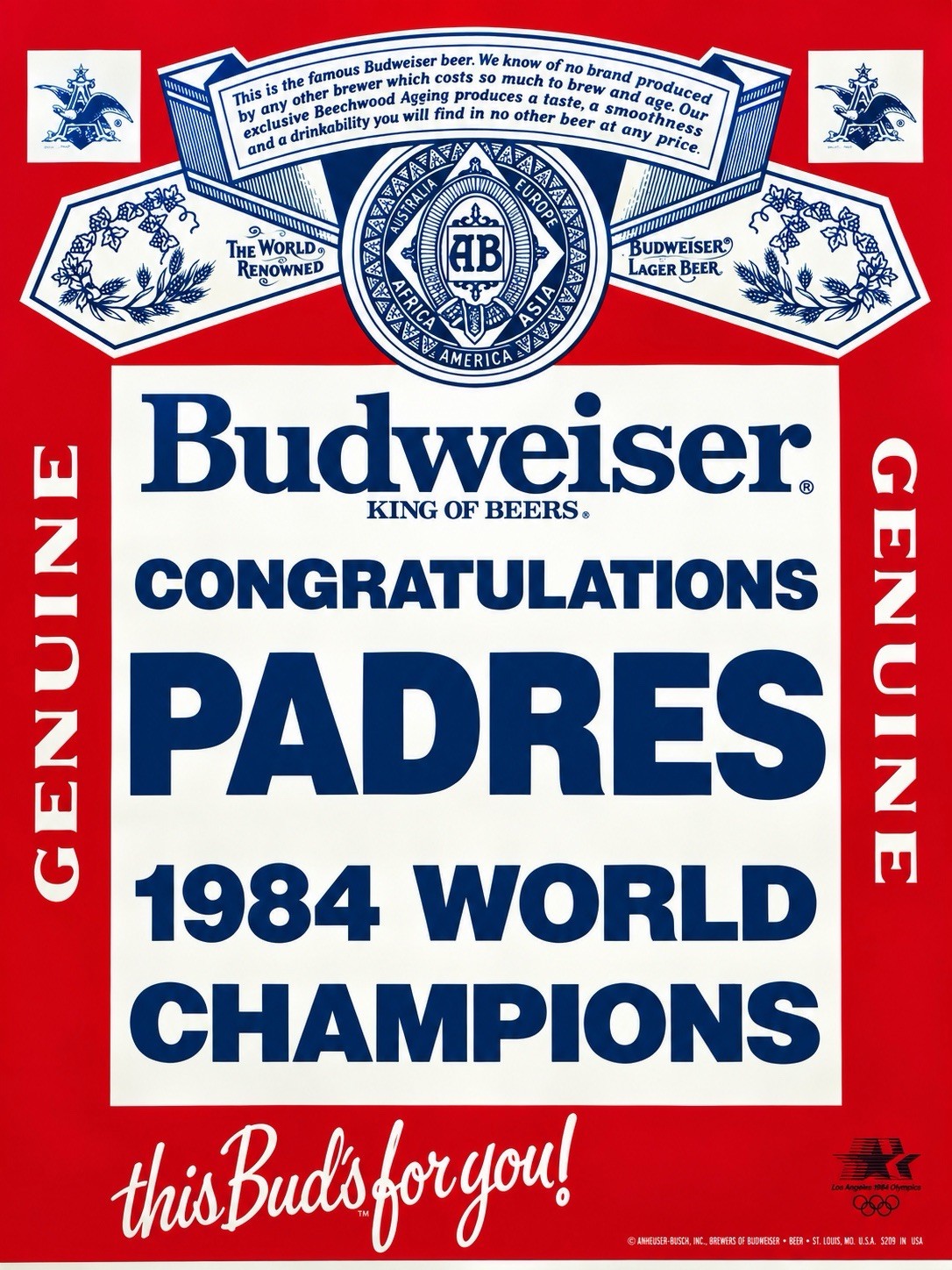 1984 San Diego Padres World Champions Budweiser Poster Phantom World Series Rare
